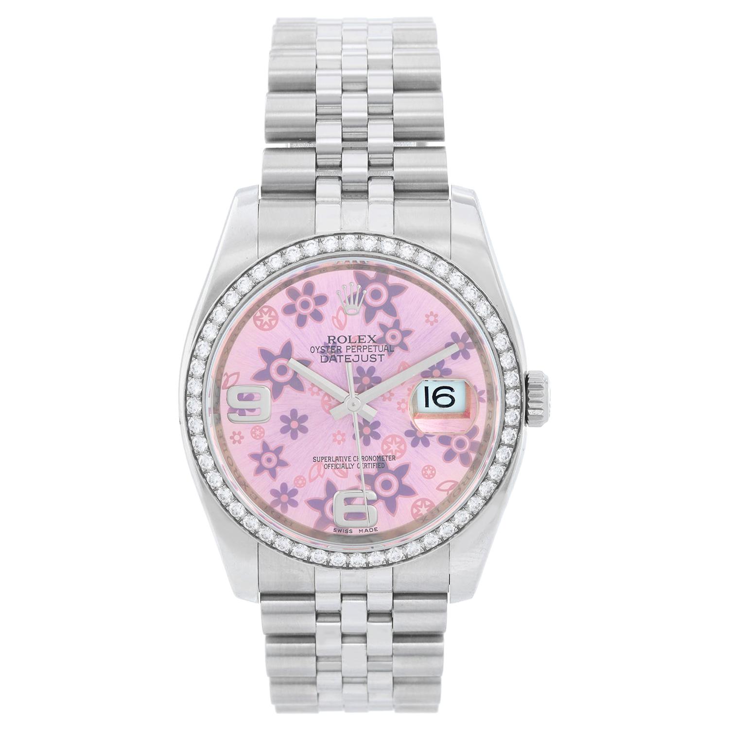 Rolex Datejust Diamond Bezel Pink Floral Dial Men's Steel Watch 116244