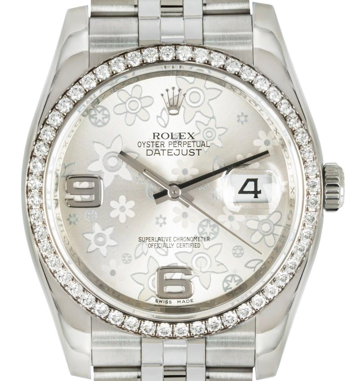 A mens 36mm Datejust by Rolex. Featuring a stunning silver floral dial and a stainless steel bezel set with 52 round brilliant cut diamonds. Fitted with sapphire crystal and a self-winding automatic movement. The watch is further equipped with a