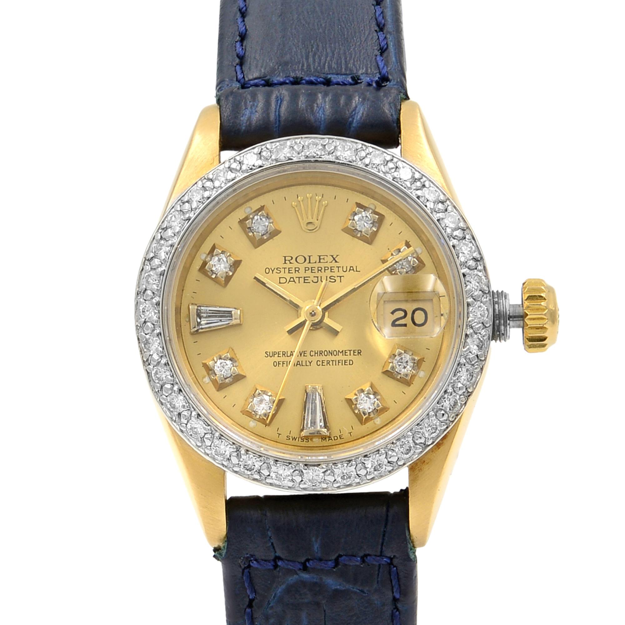 This pre-owned Rolex Datejust  69278 is a beautiful Ladies timepiece that is powered by an automatic movement which is cased in a yellow gold case. It has a round shape face, date, diamonds dial and has hand diamonds style markers. It is completed