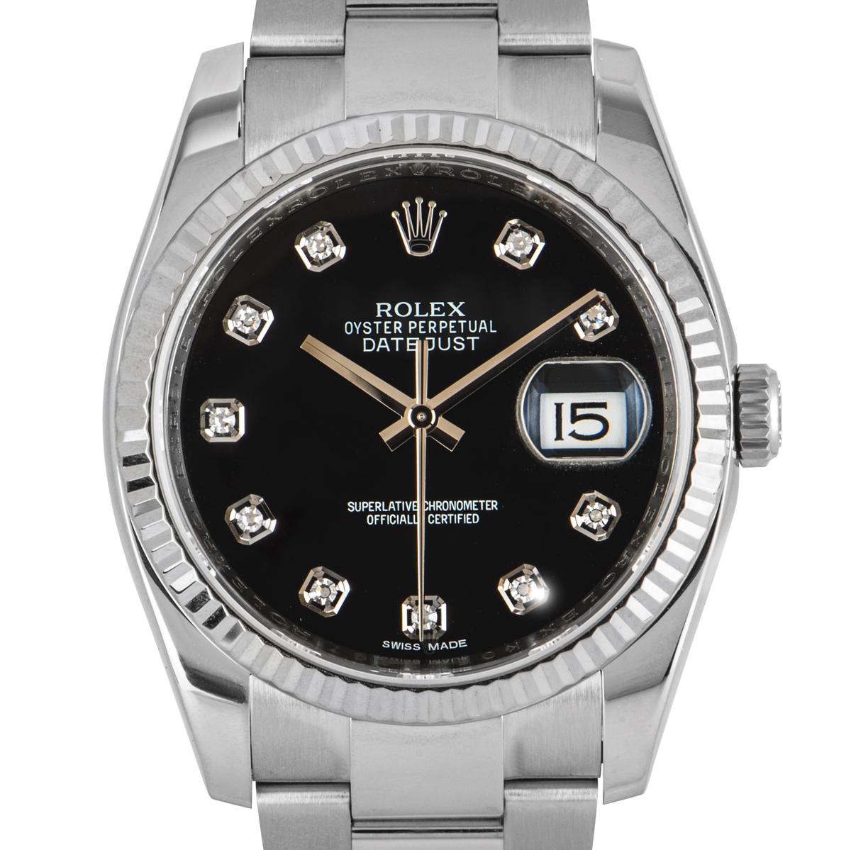 A mens Datejust by Rolex in stainless steel. Features a black dial with diamond hour markers and a fixed fluted white gold bezel. Equipped with an Oyster bracelet and deployant clasp. This piece is fitted with scratch-resistant sapphire crystal and