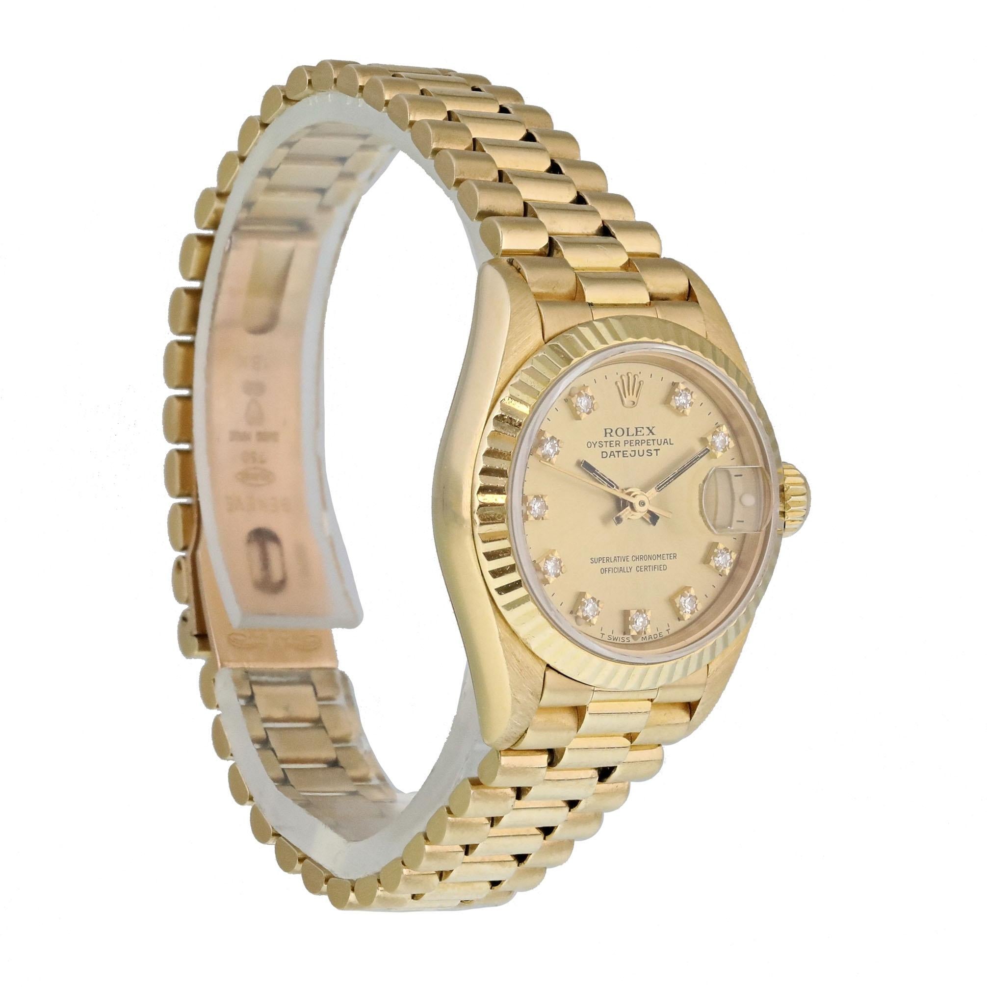 Rolex Datejust Diamond Dial 69178 Yellow Gold Ladies Watch In Excellent Condition In New York, NY