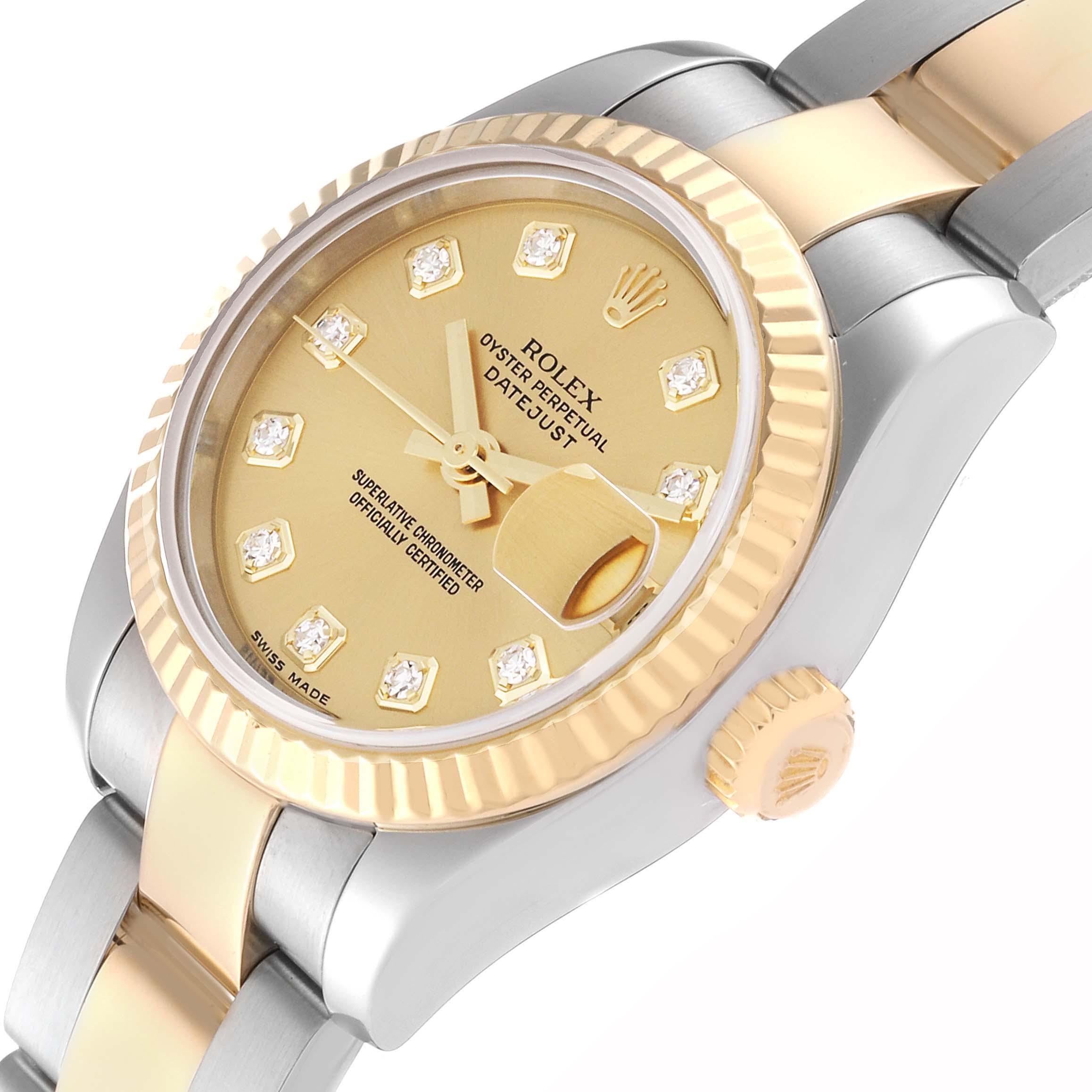 Rolex Datejust Diamond Dial Steel Yellow Gold Ladies Watch 179173 Box Papers. Mouvement automatique à remontage automatique, officiellement certifié chronomètre. Boîtier oyster en acier inoxydable de 26 mm de diamètre. Logo Rolex sur une couronne en