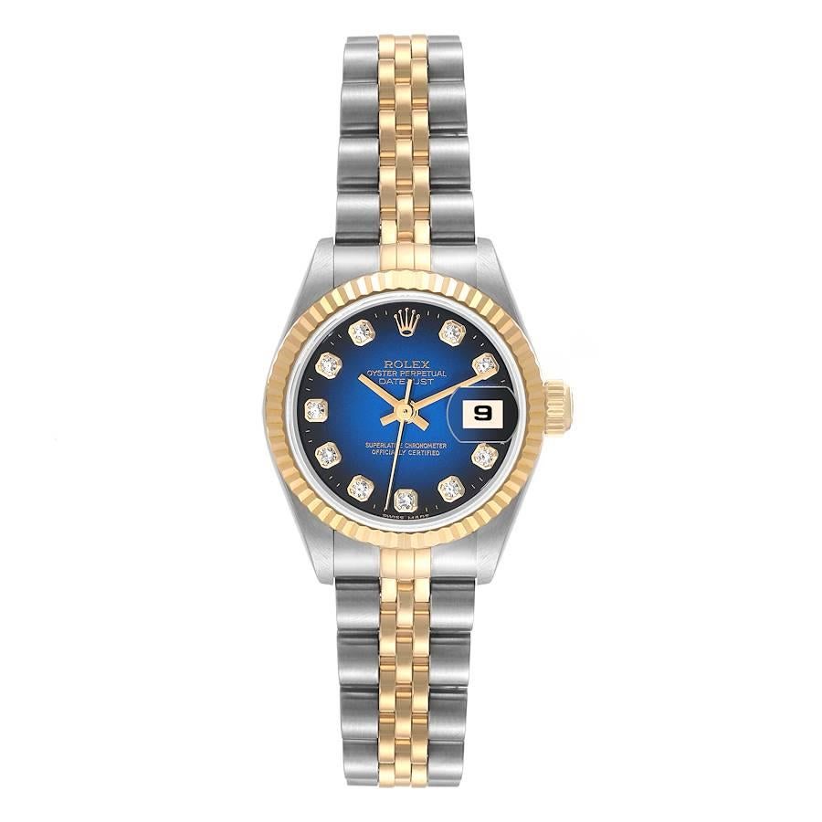 Rolex Datejust Diamond Dial Steel Yellow Gold Ladies Watch 69173 Box Papers. Officially certified chronometer automatic self-winding movement. Stainless steel oyster case 26.0 mm in diameter. Rolex logo on the crown. 18k yellow gold fluted bezel.