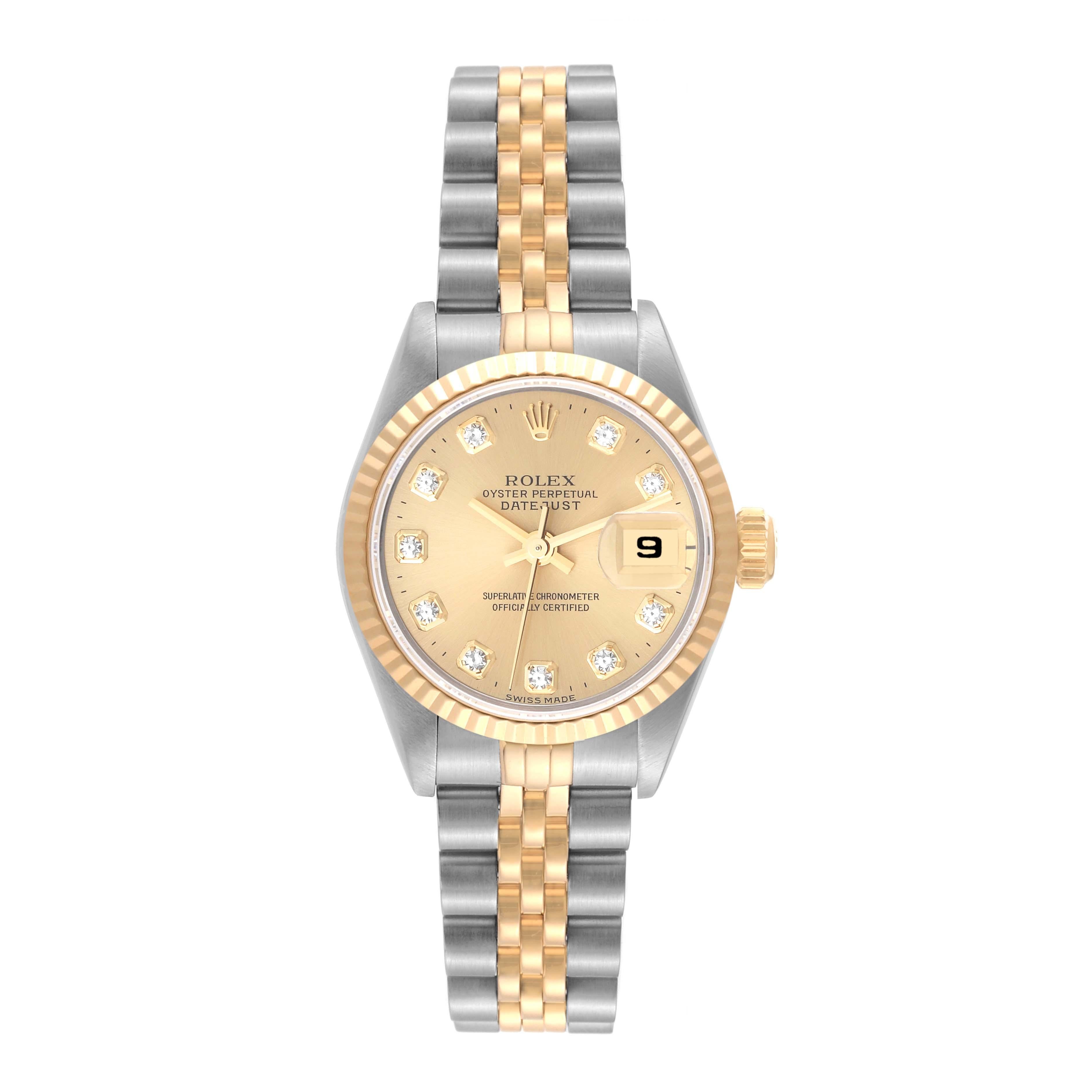 Rolex Datejust Diamond Dial Steel Yellow Gold Ladies Watch 69173. Mouvement automatique à remontage automatique, officiellement certifié chronomètre. Boîtier oyster en acier inoxydable de 26.0 mm de diamètre. Logo Rolex sur la couronne. Lunette