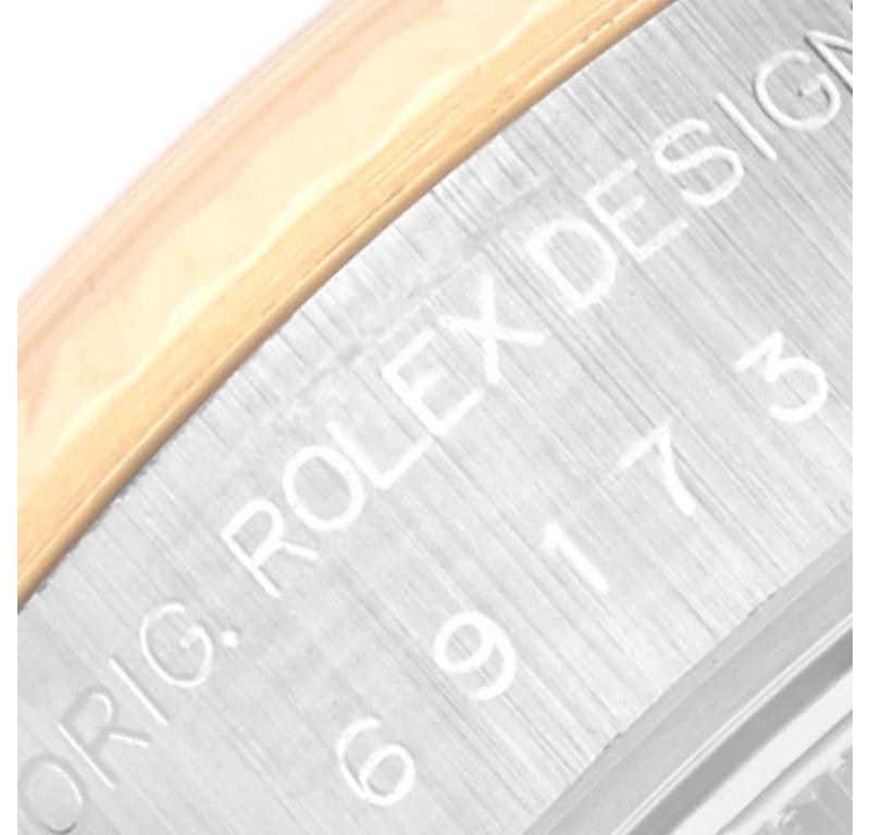 Rolex Datejust Diamond Dial Steel Yellow Gold Ladies Watch 69173. Mouvement automatique à remontage automatique, officiellement certifié chronomètre. Boîtier oyster en acier inoxydable de 26.0 mm de diamètre. Logo Rolex sur la couronne. Lunette