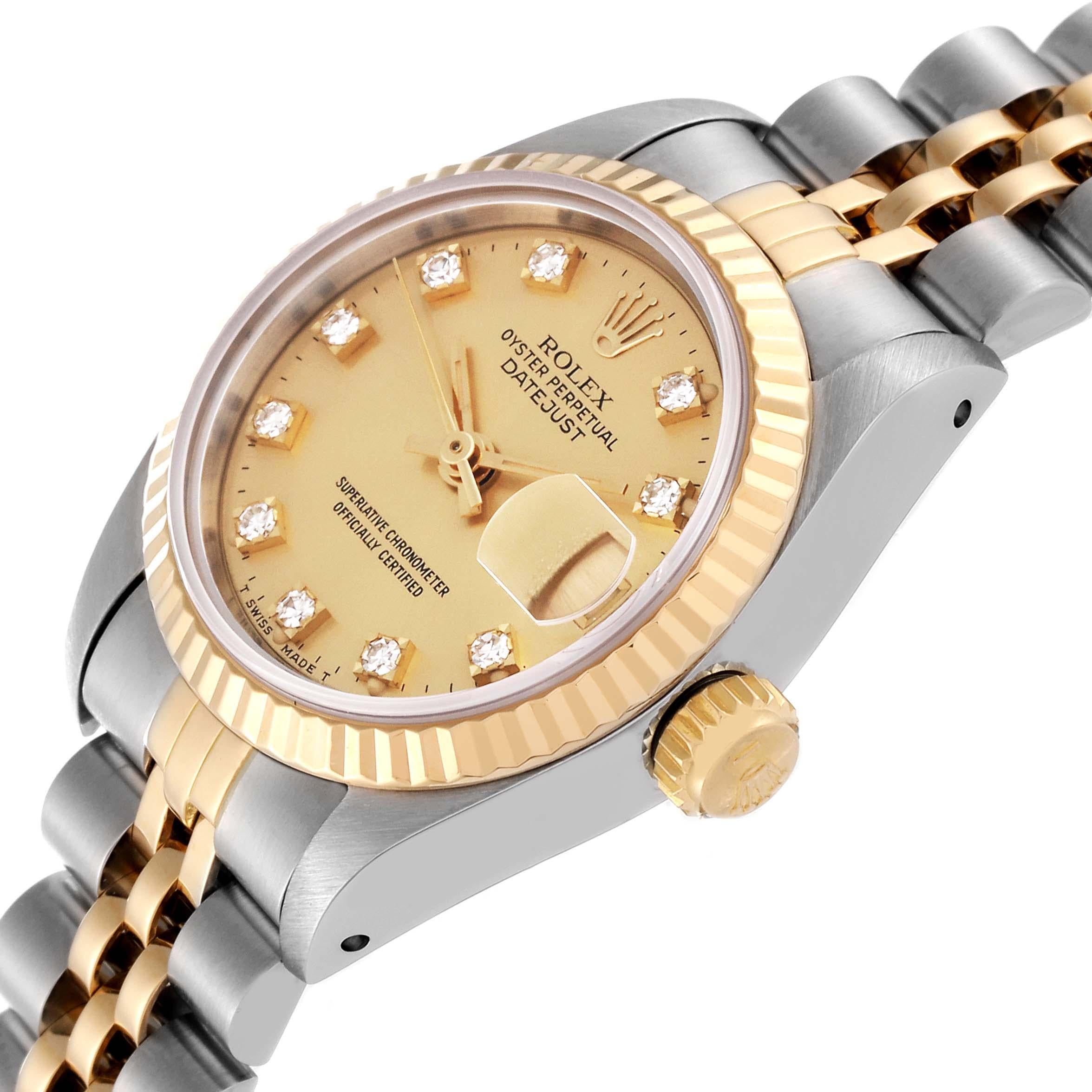 Rolex Datejust Diamond Dial Steel Yellow Gold Ladies Watch 69173. Officially certified chronometer automatic self-winding movement. Stainless steel oyster case 26.0 mm in diameter. Rolex logo on the crown. 18k yellow gold fluted bezel. Scratch