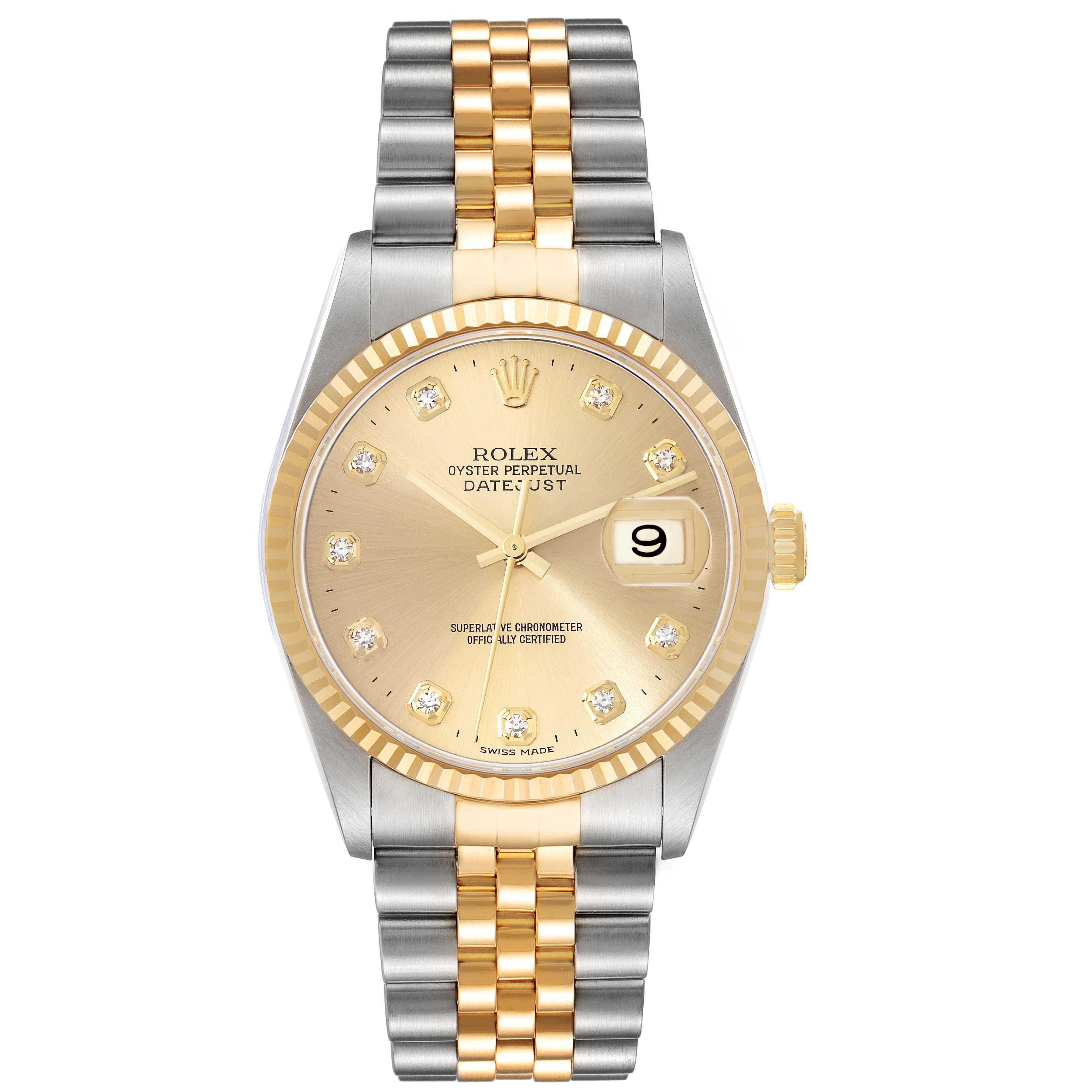 Rolex Datejust Diamond Dial Steel Yellow Gold Mens Watch 16233 Box Papers. Officially certified chronometer automatic self-winding movement. Stainless steel case 36 mm in diameter.  Rolex logo on an 18K yellow gold crown. 18k yellow gold fluted