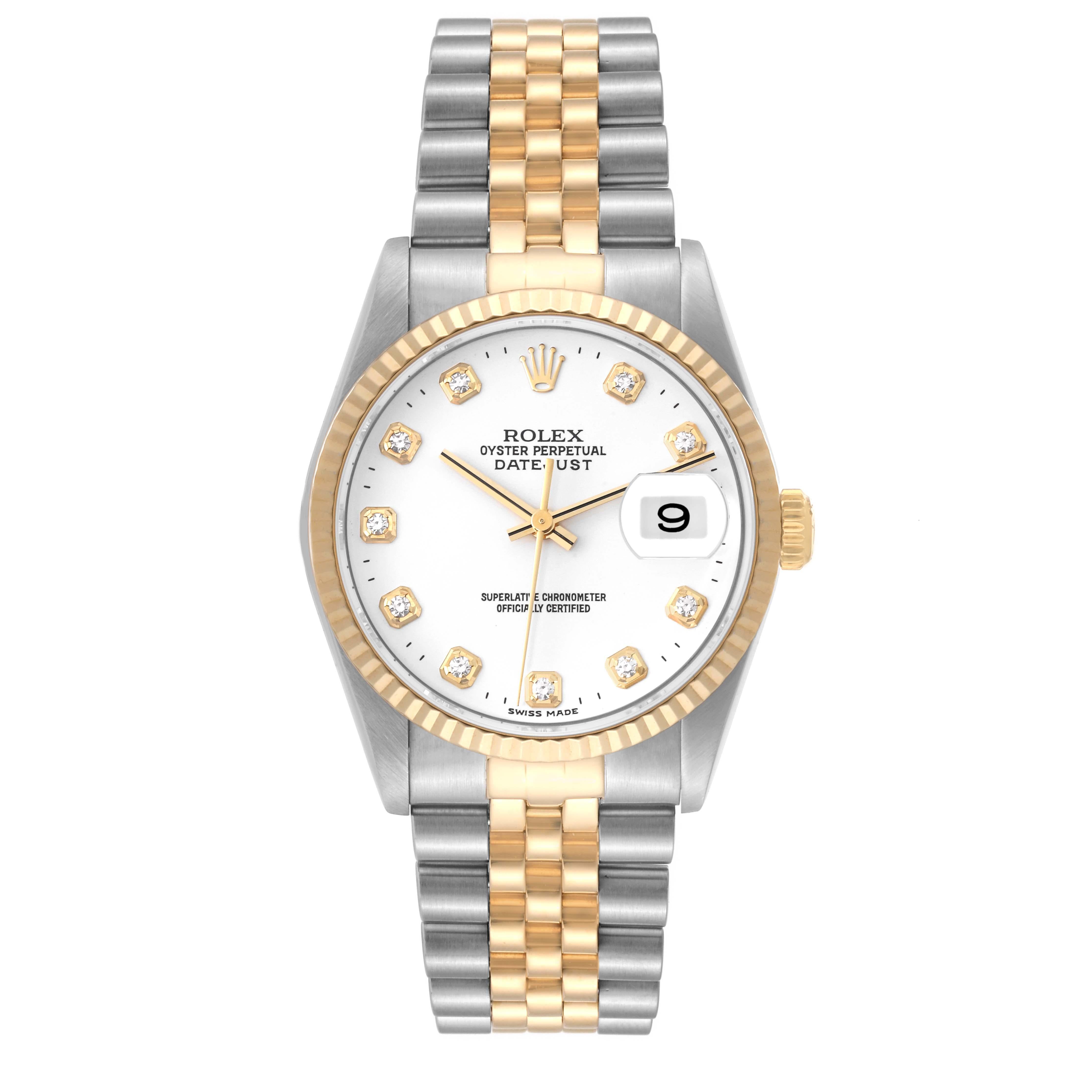 Rolex Datejust Diamond Dial Stahl Gelbgold Herrenuhr 16233 Box Papiere. Offiziell zertifiziertes Chronometerwerk mit automatischem Aufzug. Gehäuse aus Edelstahl mit einem Durchmesser von 36 mm.  Rolex-Logo auf einer Krone aus 18 Karat Gelbgold. 18k