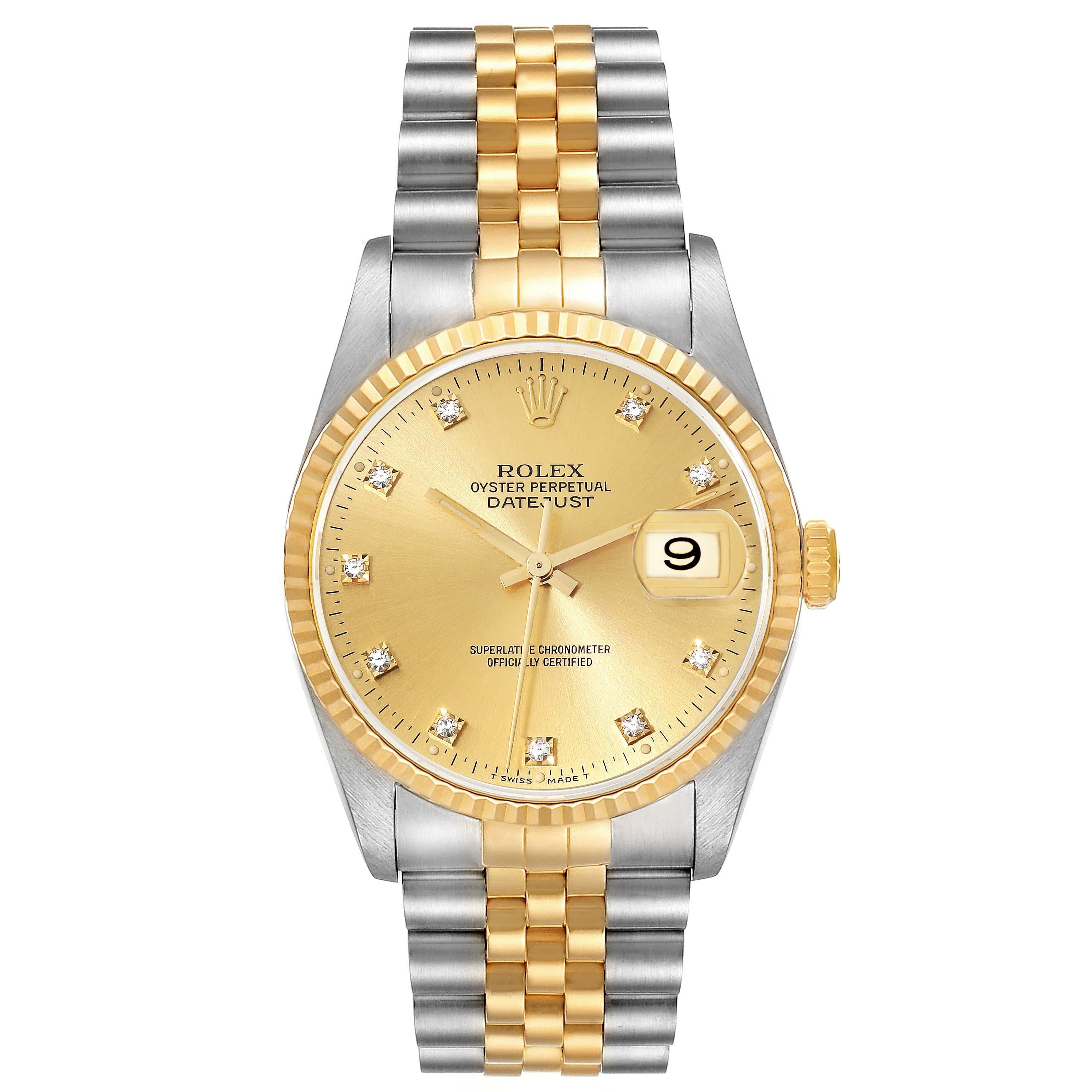Rolex Datejust Diamond Dial Steel Yellow Gold Mens Watch 16233 Box Papers. Officially certified chronometer automatic self-winding movement. Stainless steel case 36.0 mm in diameter.  Rolex logo on an 18K yellow gold crown. 18k yellow gold fluted