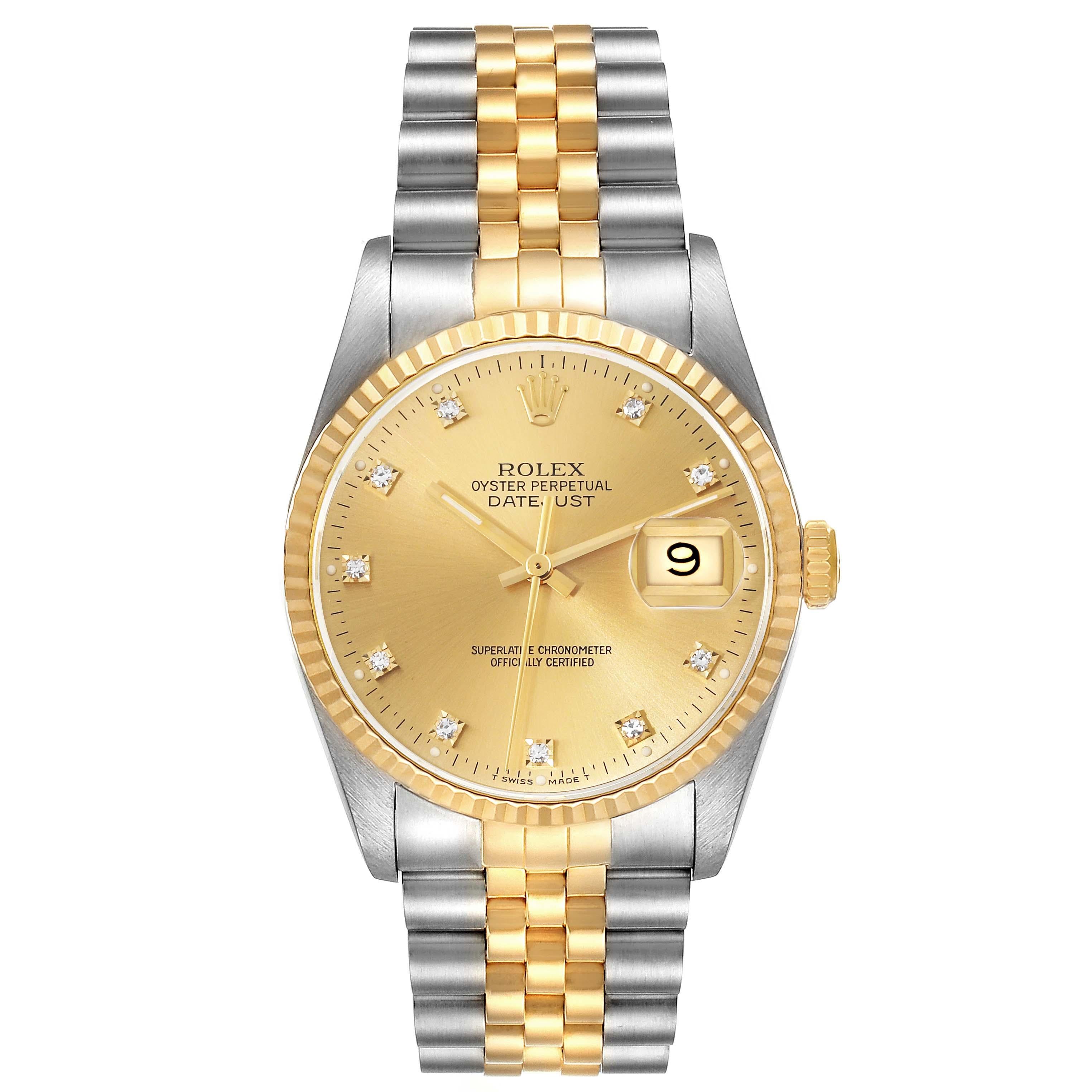 Rolex Datejust Diamond Dial Steel Yellow Gold Mens Watch 16233 en vente 6