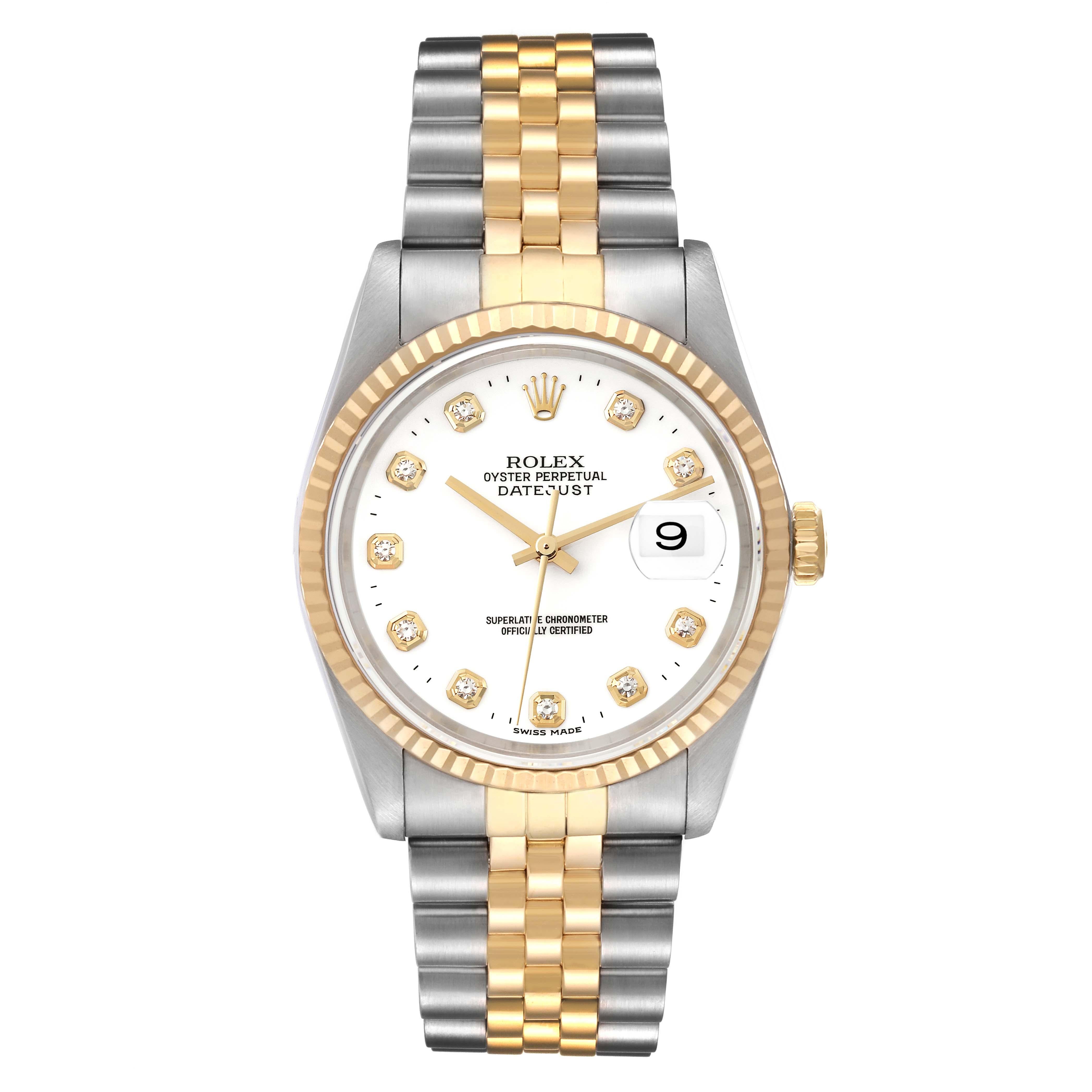 Rolex Datejust Diamond Dial Steel Yellow Gold Mens Watch 16233. Officially certified chronometer automatic self-winding movement. Stainless steel case 36.0 mm in diameter.  Rolex logo on an 18K yellow gold crown. 18k yellow gold fluted bezel.