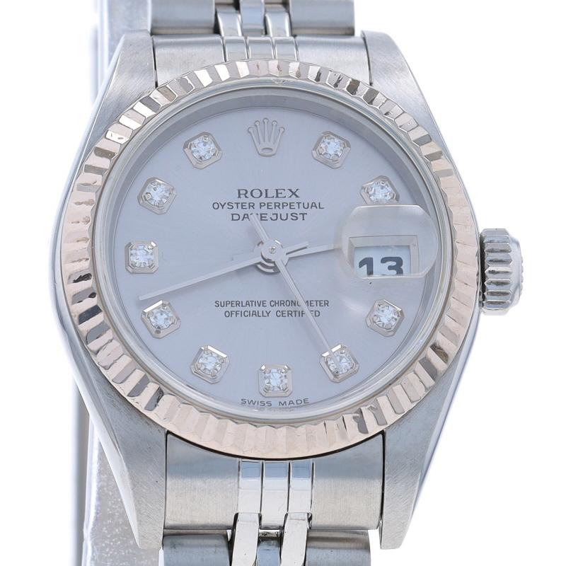 Marke: Rolex
Modell: Datejust
Modellnummer: 79174
Uhrwerk: Automatik
Garantie: Ein Jahr
Jahr: 2004
Uhrwerk-Hersteller: Schweiz
Zifferblattfarbe: Rhodium mit Diamanten

Metall Inhalt: Rostfreier Stahl & 18k Weißgold
Metallhinweis: (18k Weißgold