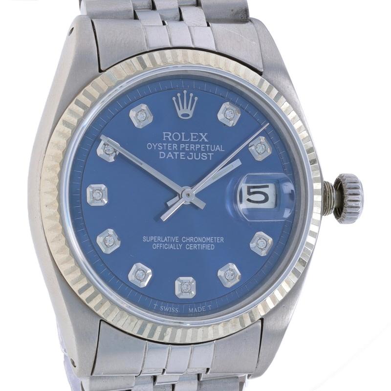 Brand: Rolex
Model: Datejust
Model Number: 1600
Movement: Automatic
Warranty: One Year
Year: 1970
Movement Maker: Swiss
Dial Color: Aftermarket Blue Diamond

Metal Content: Stainless Steel

Stone Information
Natural Diamonds
Certified by: AGI
Report