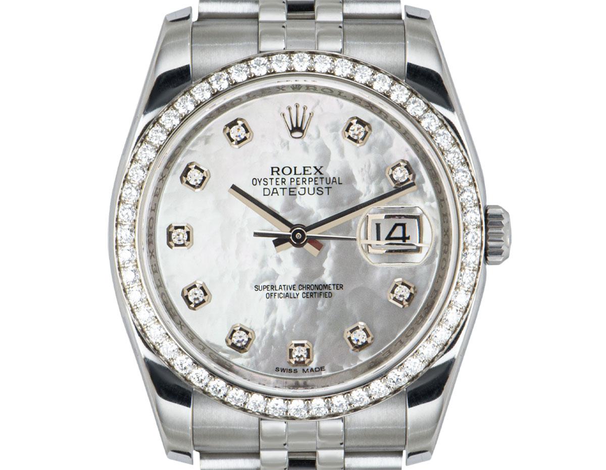 A 36 mm stainless steel 36mm Datejust by Rolex, features a white mother of pearl dial set with 10 round brilliant cut diamond hour markers. The white gold bezel is also set with 52 round brilliant cut diamonds. Featuring a Jubilee bracelet equipped