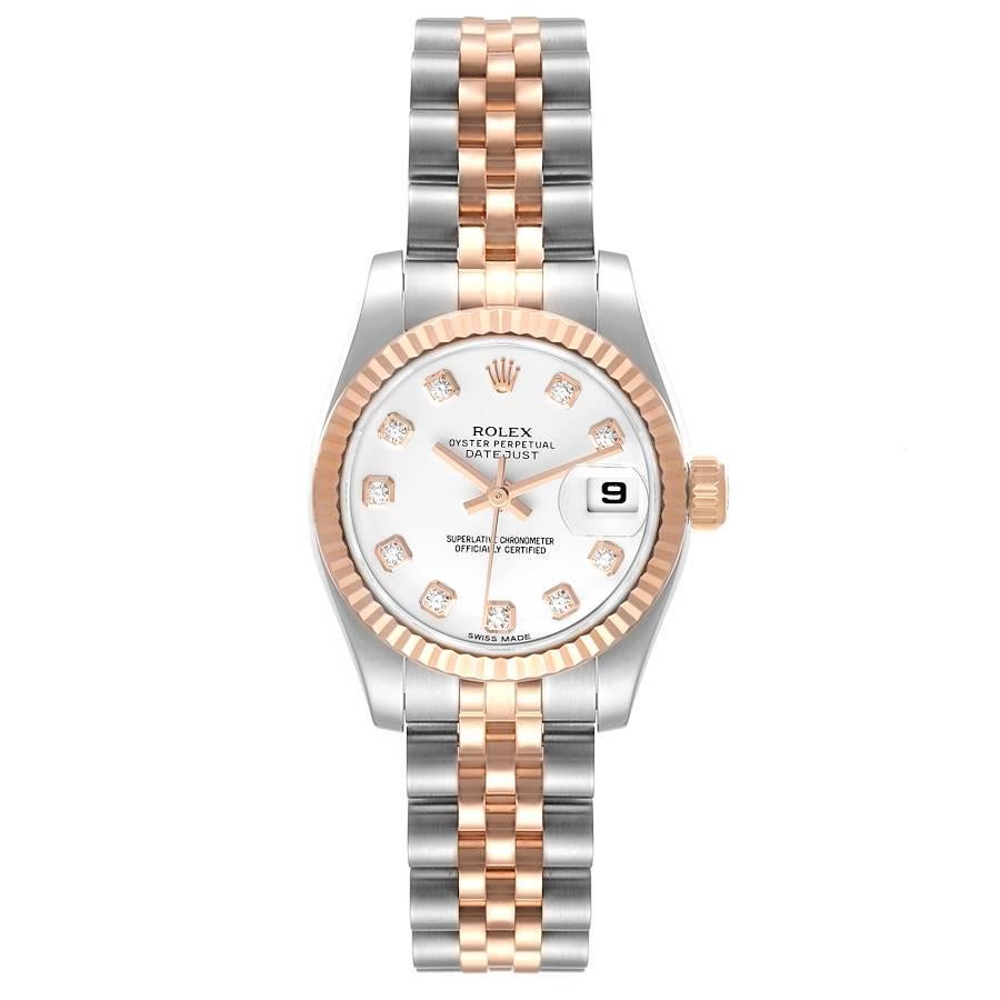 Rolex Datejust EveRose Gold Steel Diamond Ladies Watch 179171 Box Card. Officially certified chronometer self-winding movement. Stainless steel oyster case 26.0 mm in diameter. Rolex logo on a 18K rose gold crown. 18k rose gold fluted bezel. Scratch