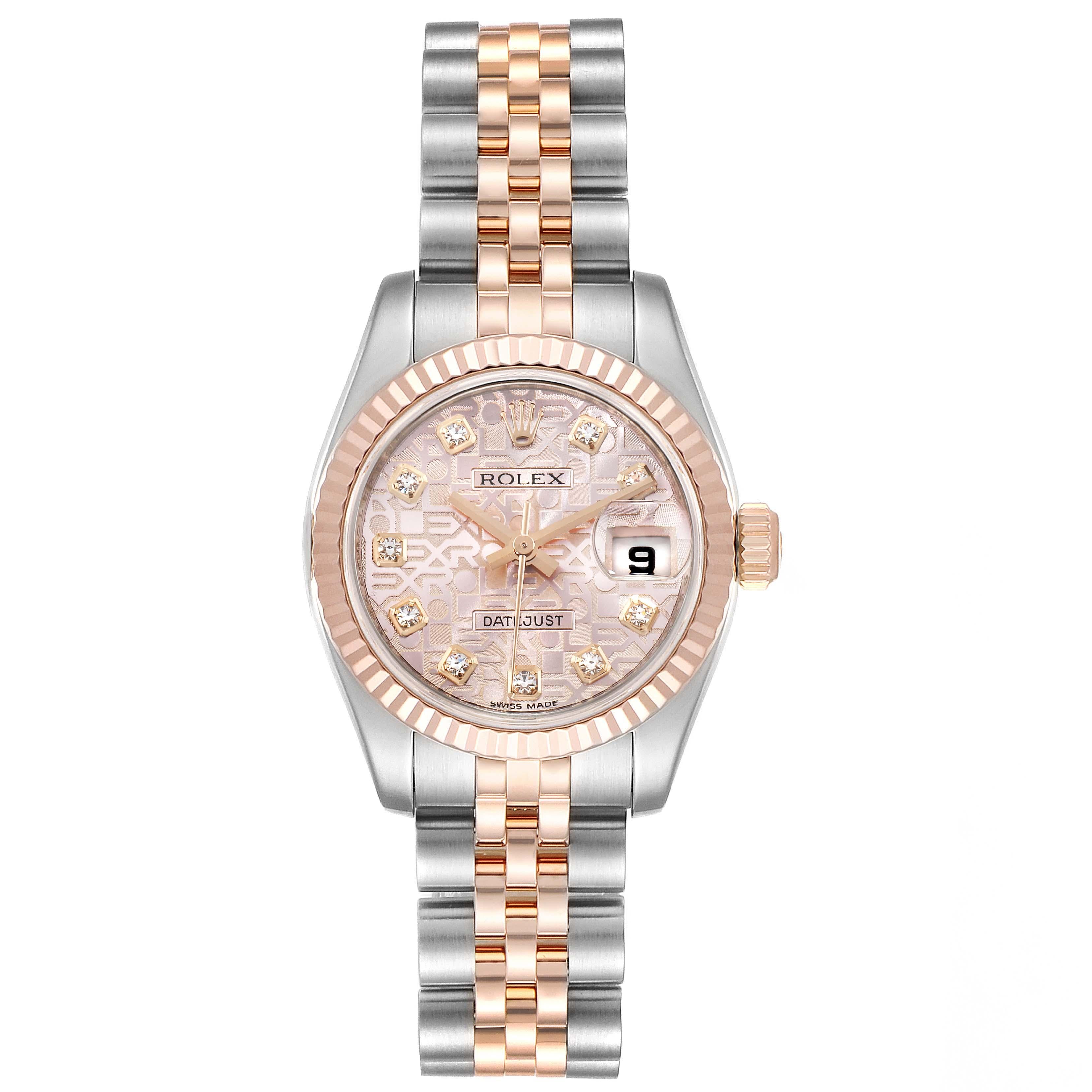 Rolex Datejust EveRose Gold Steel Diamond Ladies Watch 179171. Officially certified chronometer self-winding movement. Stainless steel oyster case 26.0 mm in diameter. Rolex logo on a 18K rose gold crown. 18k rose gold fluted bezel. Scratch