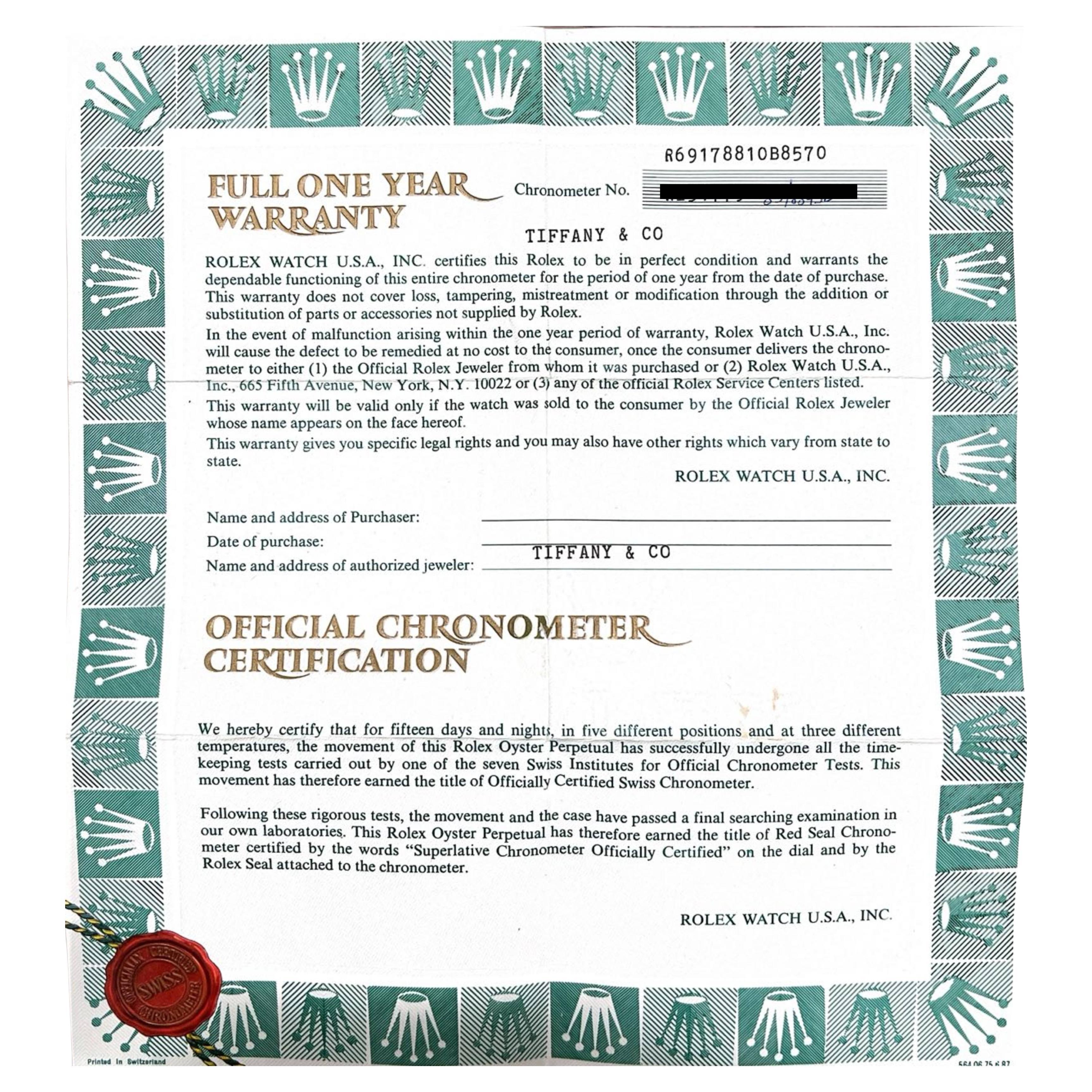 Rolex Datejust for Tiffany & Co. 18 Karat Yellow Gold 69178 in vendita 1