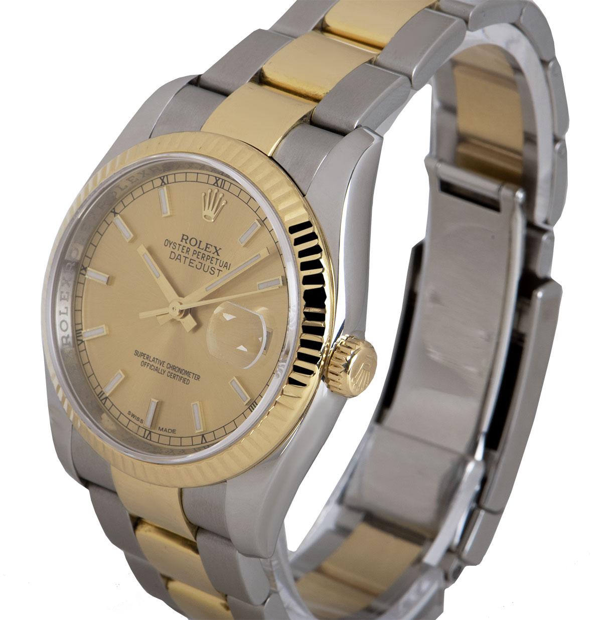 A 36 mm Stainless Steel & 18k Yellow Gold Oyster Perpetual Datejust Gents Wristwatch, champagne dial with applied hour markers, date at 3 0'clock, a fixed 18k yellow gold fluted bezel, a stainless steel and 18k yellow gold oyster bracelet with a