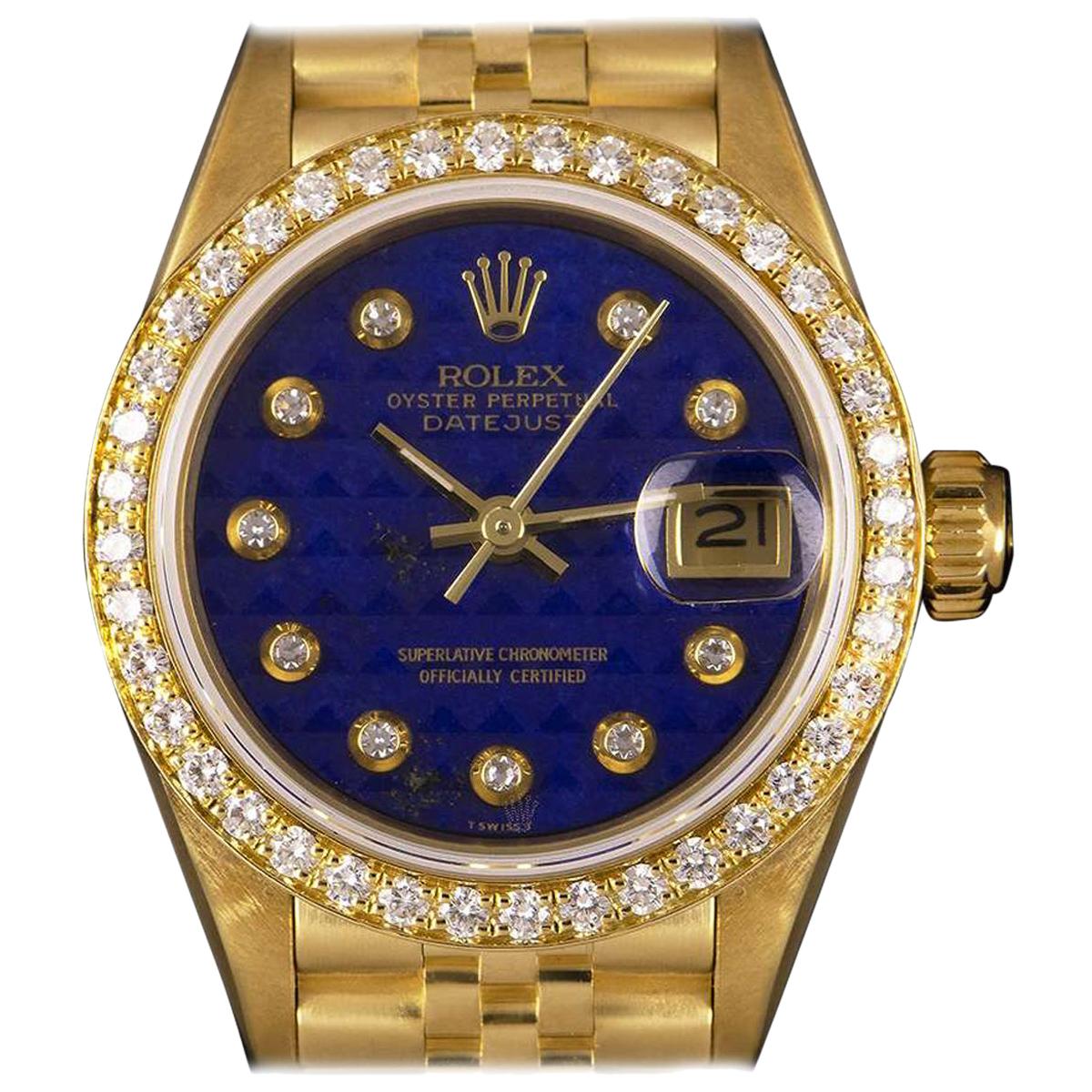 Rolex Datejust Gold Rare Diamond Lapis Lazuli Pyramid Dial 69138 Watch
