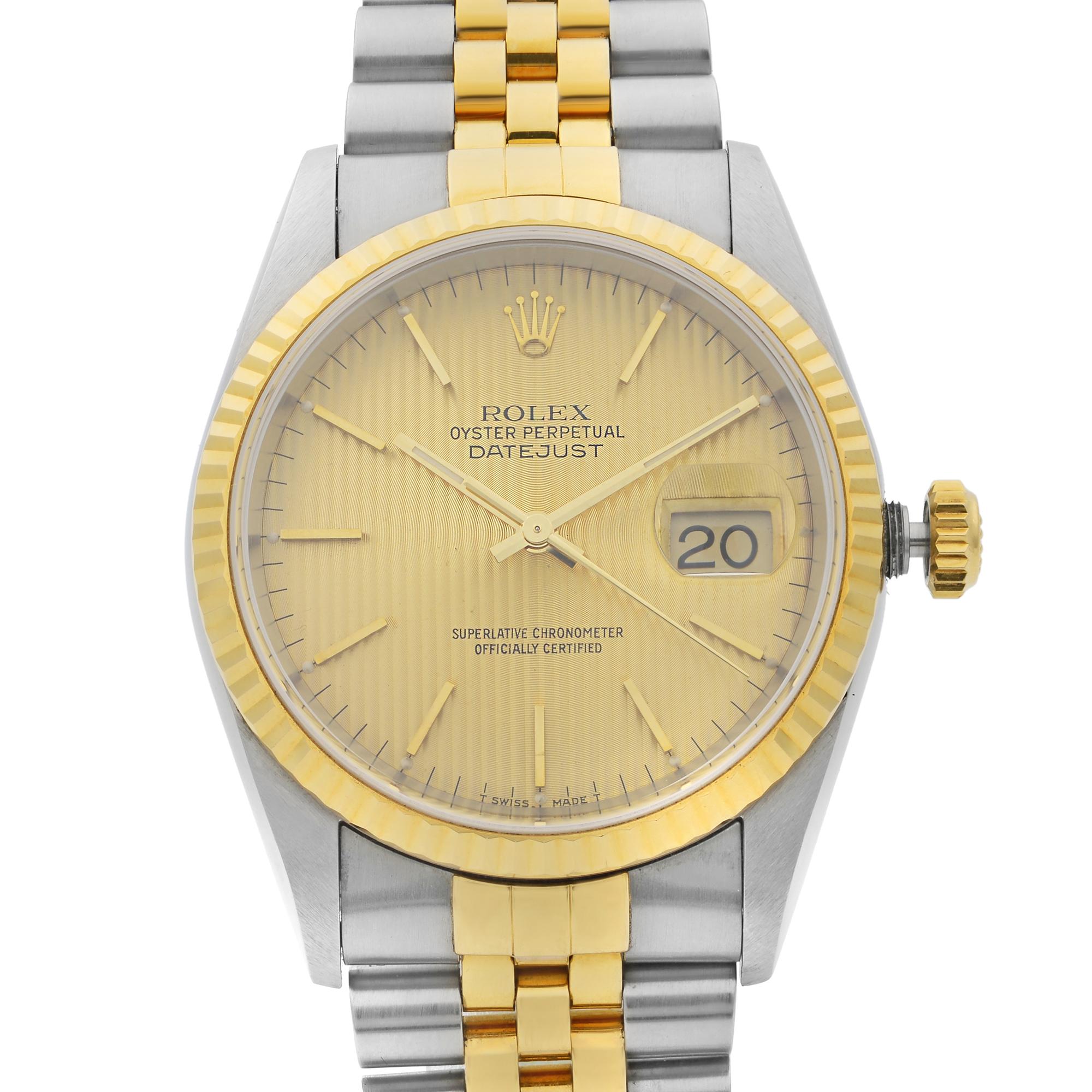 This pre-owned Rolex Datejust  16233 is a beautiful men's timepiece that is powered by a mechanical (automatic) movement which is cased in a stainless steel case. It has a round shape face, date indicator dial, and has hand sticks style markers. It