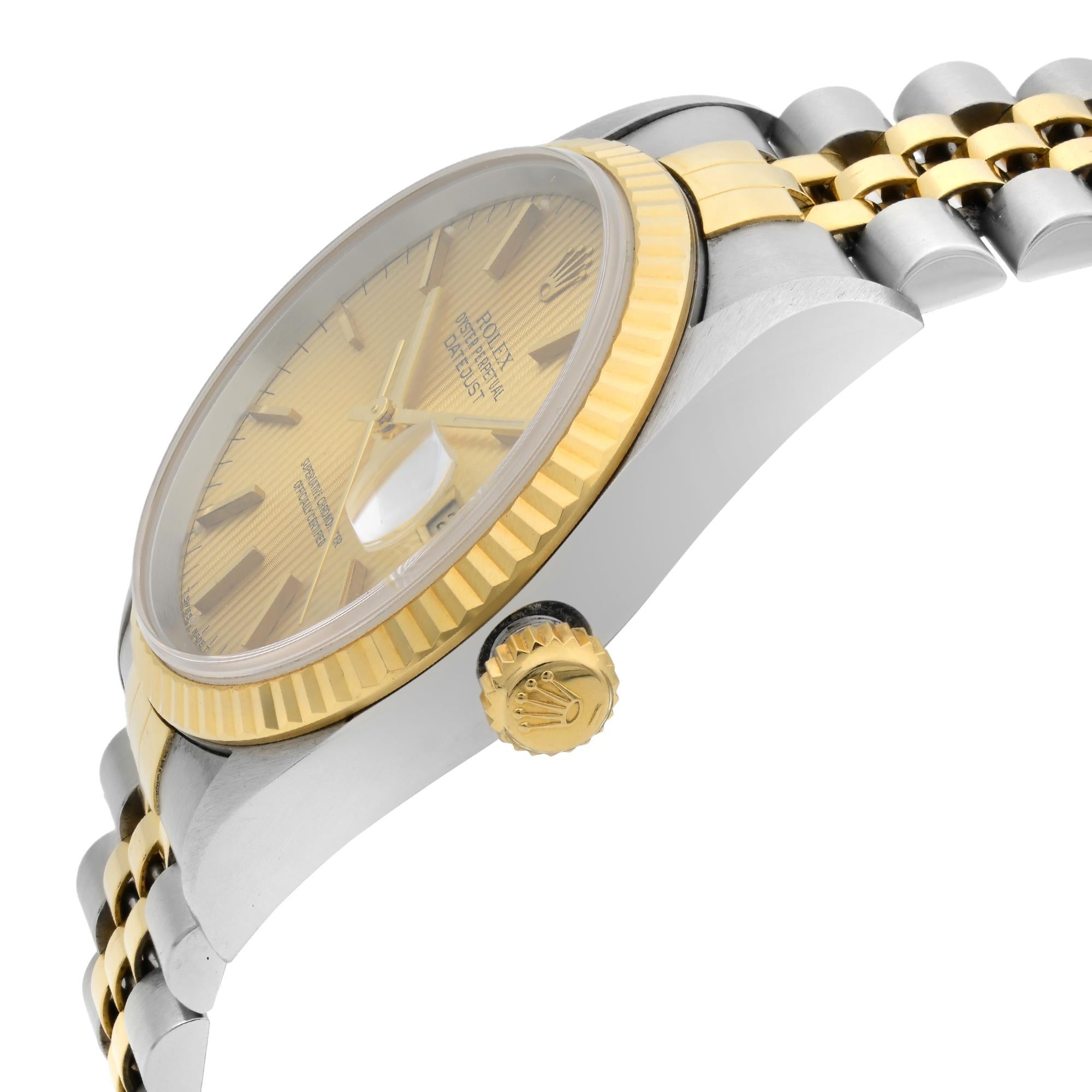 Rolex Datejust Gold Steel No Holes Tapestry Dial Automatic Men's Watch 16233 In Excellent Condition In New York, NY