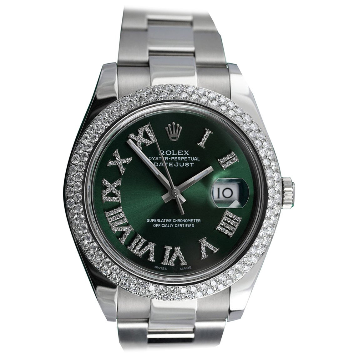 Rolex Montre Datejust à cadran chiffre romain vert avec lunette en diamants, SS