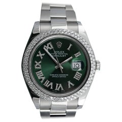 Rolex Montre Datejust à cadran chiffre romain vert avec lunette en diamants, SS