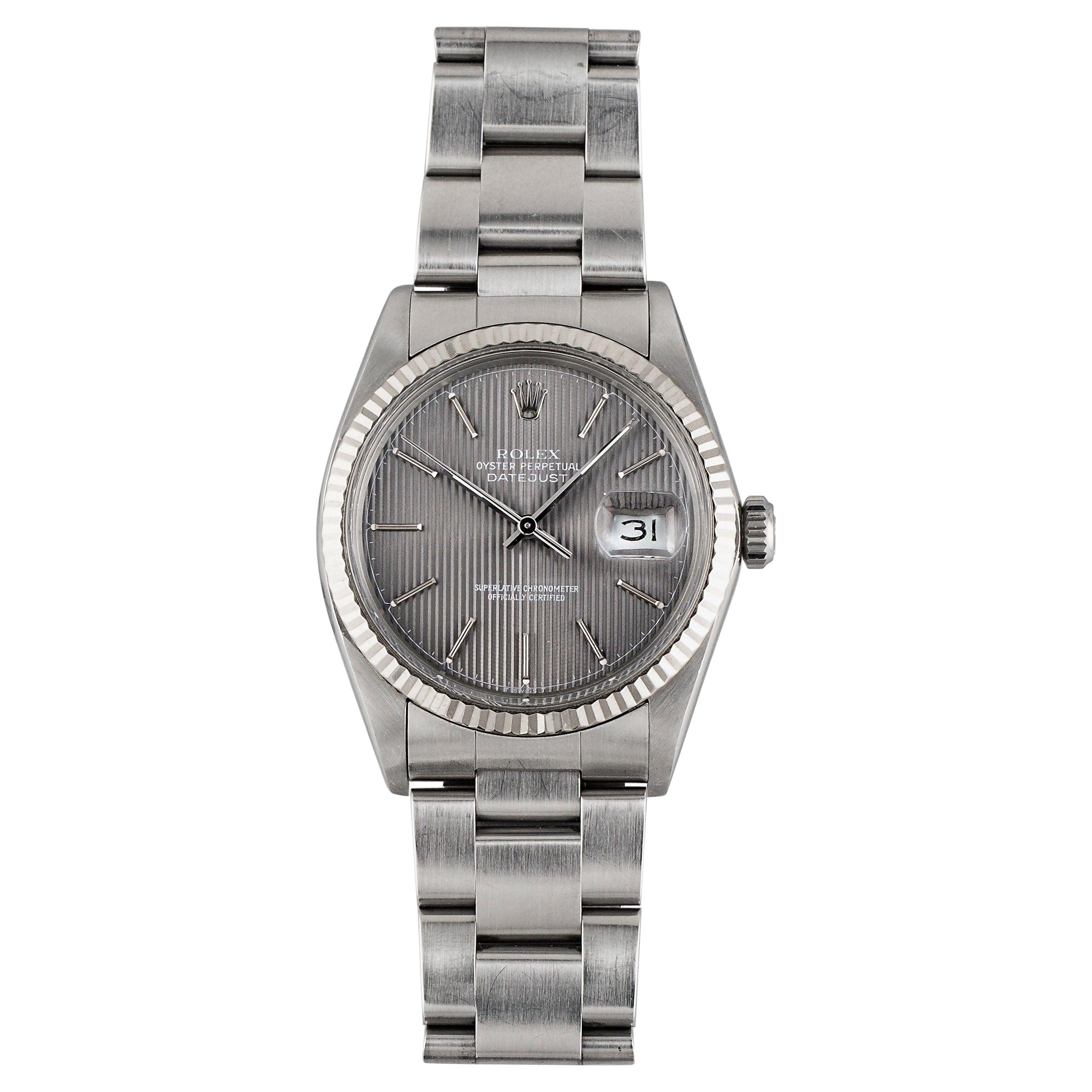 Montre Rolex Datejust à tapisserie grise en or blanc, années 1980