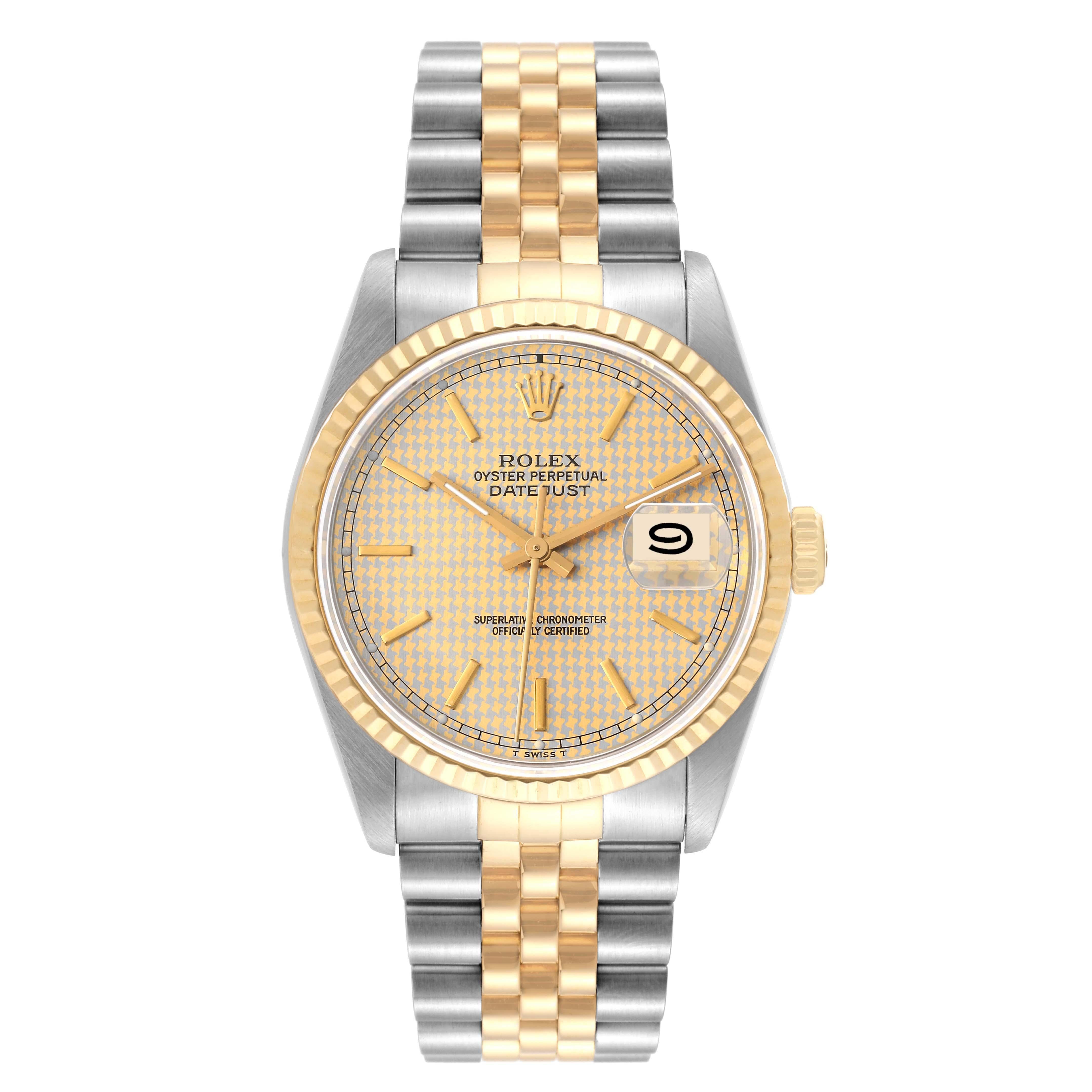 Rolex Datejust Houndstooth Dial Steel Yellow Gold Mens Watch 16233. Officially certified chronometer automatic self-winding movement. Stainless steel case 36 mm in diameter.  Rolex logo on an 18K yellow gold crown. 18k yellow gold fluted bezel.