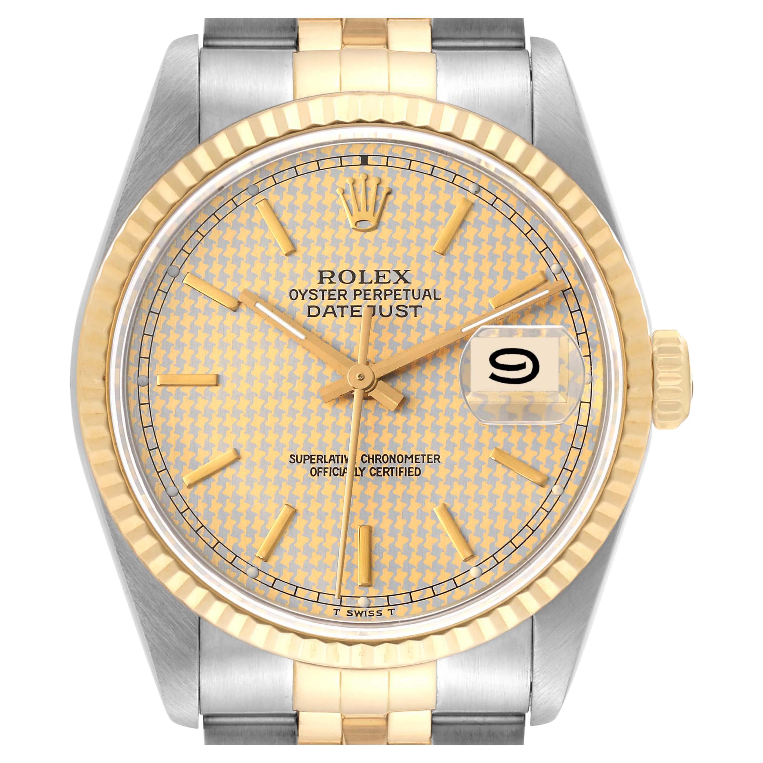 Rolex Datejust Houndstooth Dial Steel Yellow Gold Mens Watch 16233