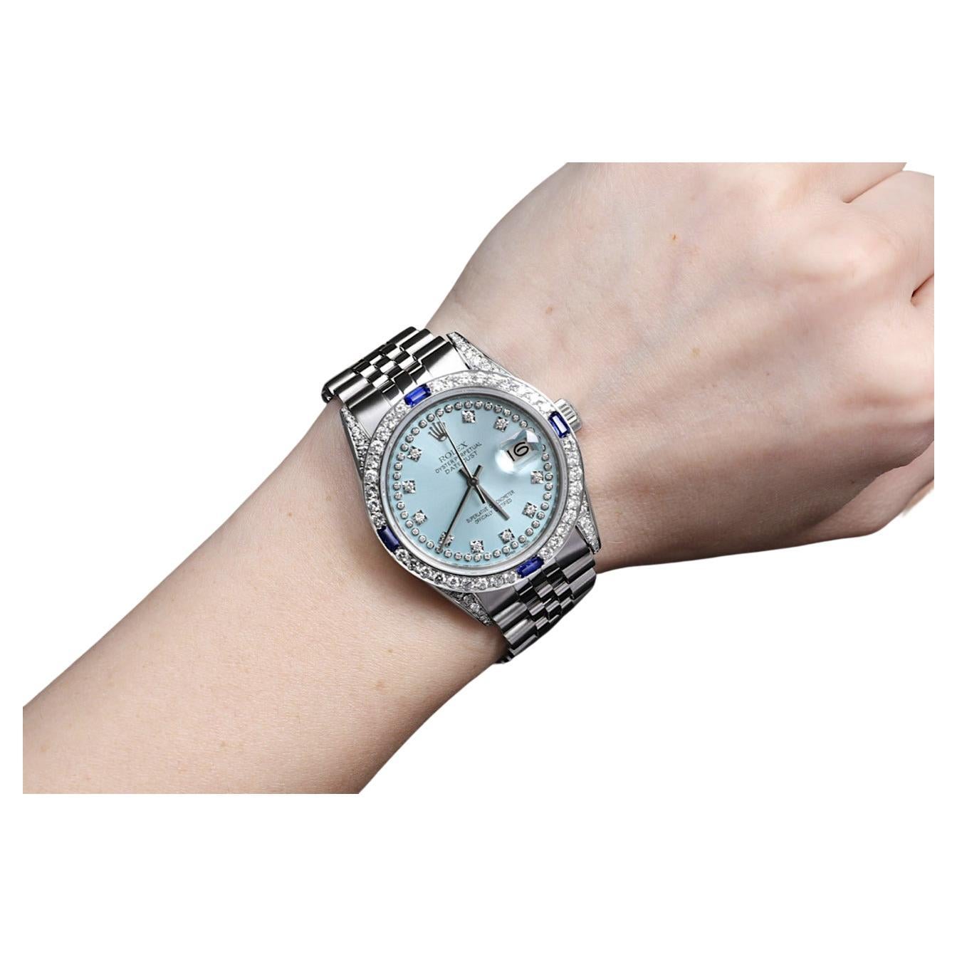 Rolex Montre Datejust avec cadran en corde bleu glace et diamants, avec lunette en saphir et diamants en vente