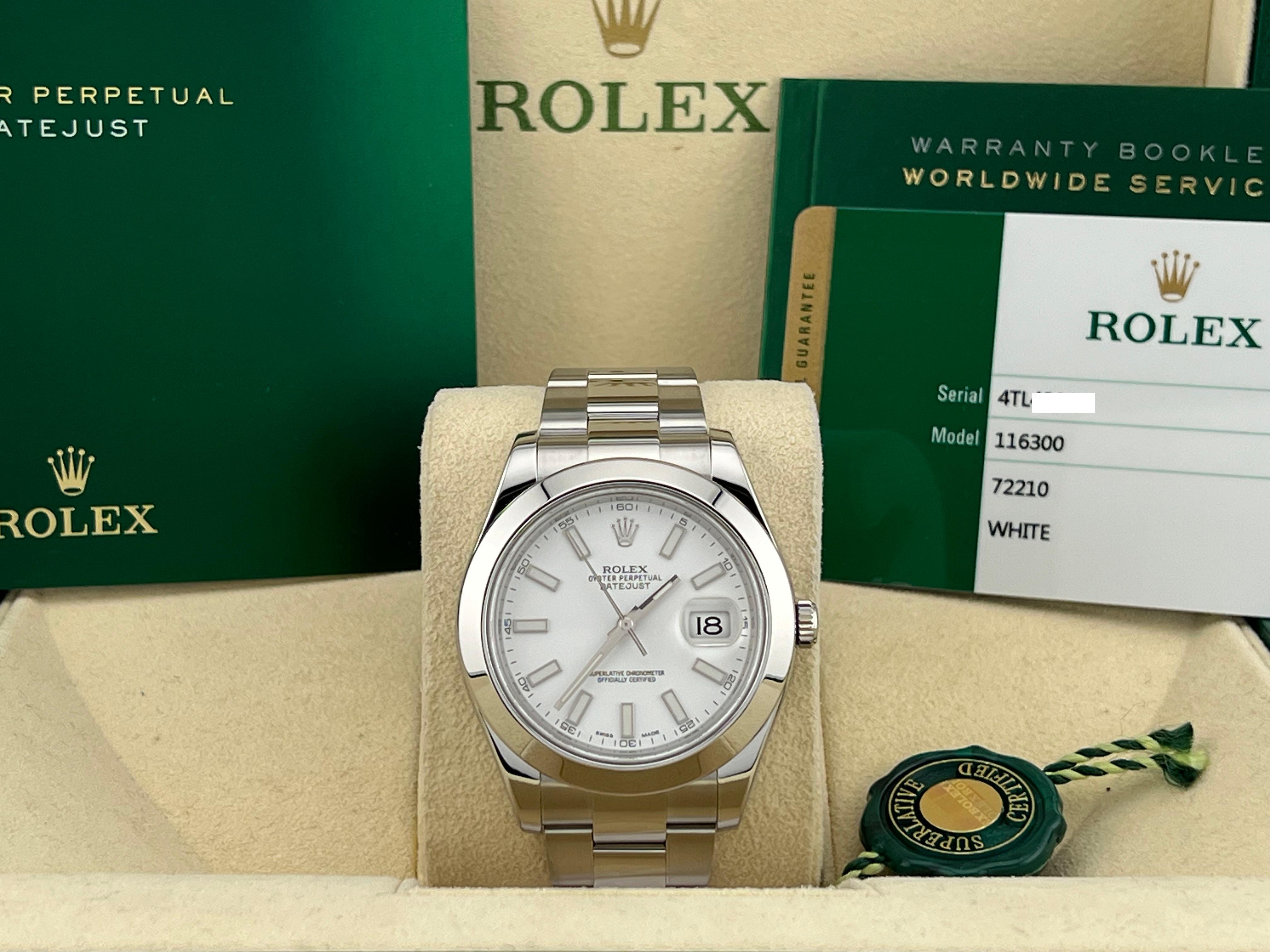 Style Number: 116300



Year: 2017

 

Model: Rolex Datejust II

 

Case Material: Stainless Steel 

 

Band: Stainless Steel 

  

Bezel: Stainless Steel Smooth Bezel 

  

Dial: White Dial 

 

Face: Sapphire Crystal 

 

Case Size: 41mm 

