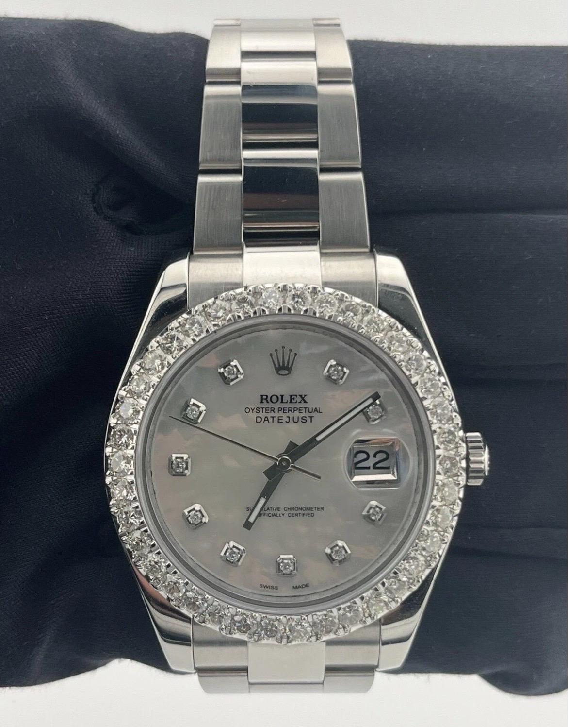 Rolex Datejust II 116300 4.50ct Diamonds Bezel White MOP Dial Stainless Steel For Sale 7