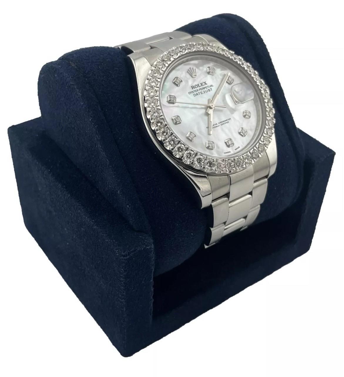 Bold elegance meets timeless design in this stunning Rolex Datejust II Ref. 116300. Crafted in robust stainless steel, this 41mm timepiece features a custom-set 4.50 carat round brilliant diamond bezel, adding radiant sparkle and upscale appeal to