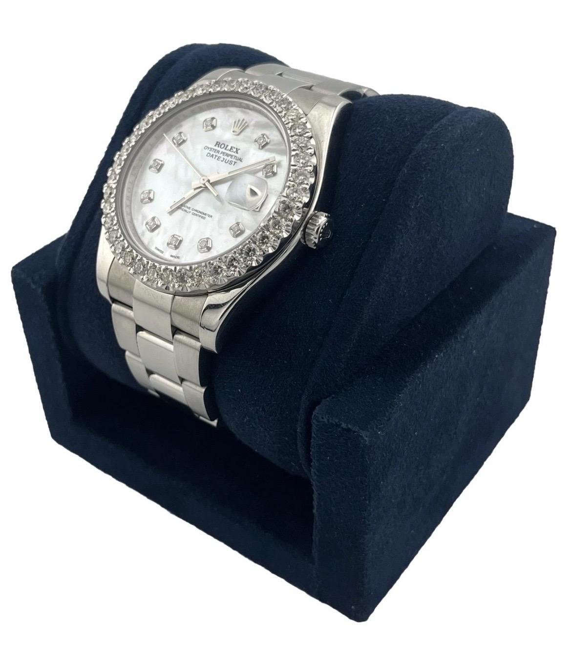 Round Cut Rolex Datejust II 116300 4.50ct Diamonds Bezel White MOP Dial Stainless Steel For Sale