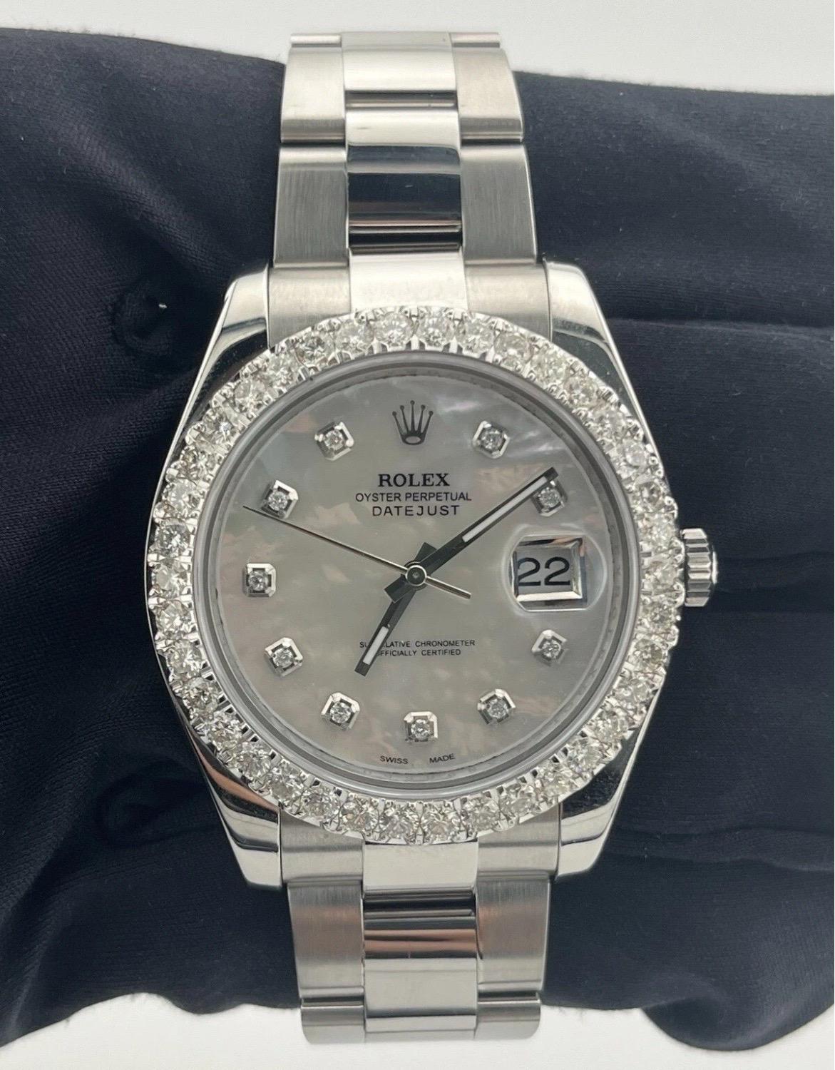 Women's or Men's Rolex Datejust II 116300 4.50ct Diamonds Bezel White MOP Dial Stainless Steel For Sale