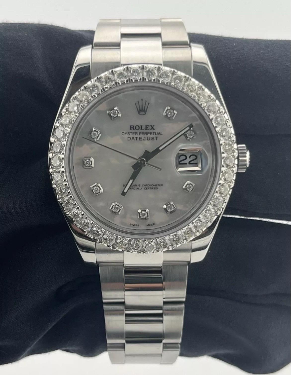 Rolex Datejust II 116300 4.50ct Diamonds Bezel White MOP Dial Stainless Steel For Sale 2