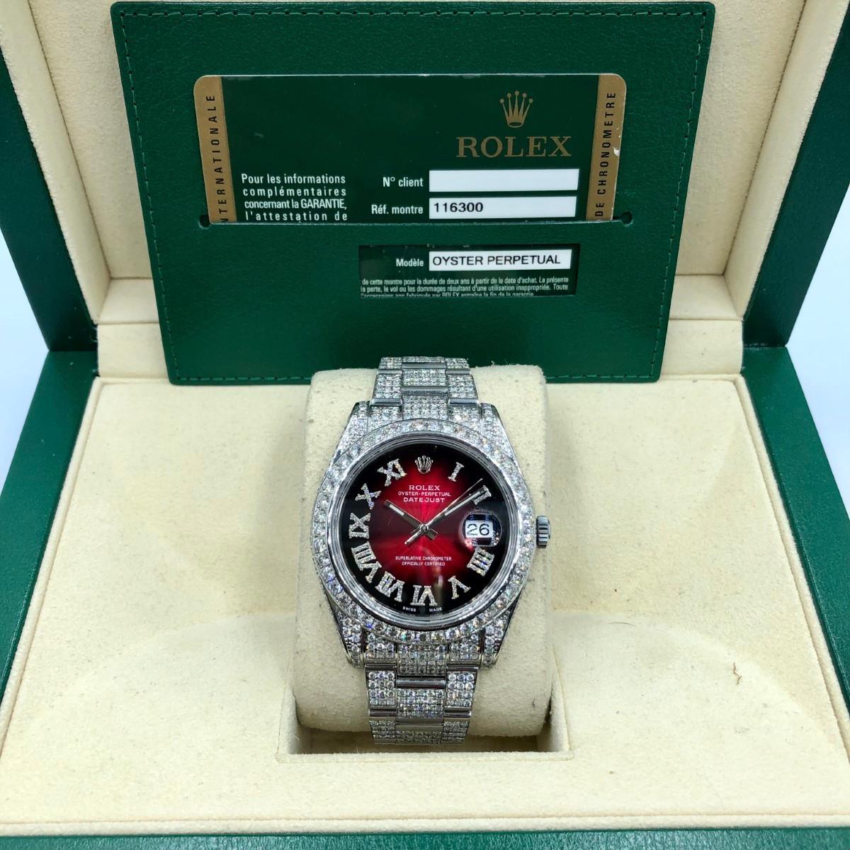 Rolex Mens Datejust II 41mm 116300 Stainless Steel Red Vignette Roman Diamond Dial Fully Iced Out Watch from 2012.

Brand: Rolex
Series: Datejust II
Model: 116300
Gender: Men's
Watch label: Swiss Made
Movement: Automatic
Case Size: 40mm
Bracelet
