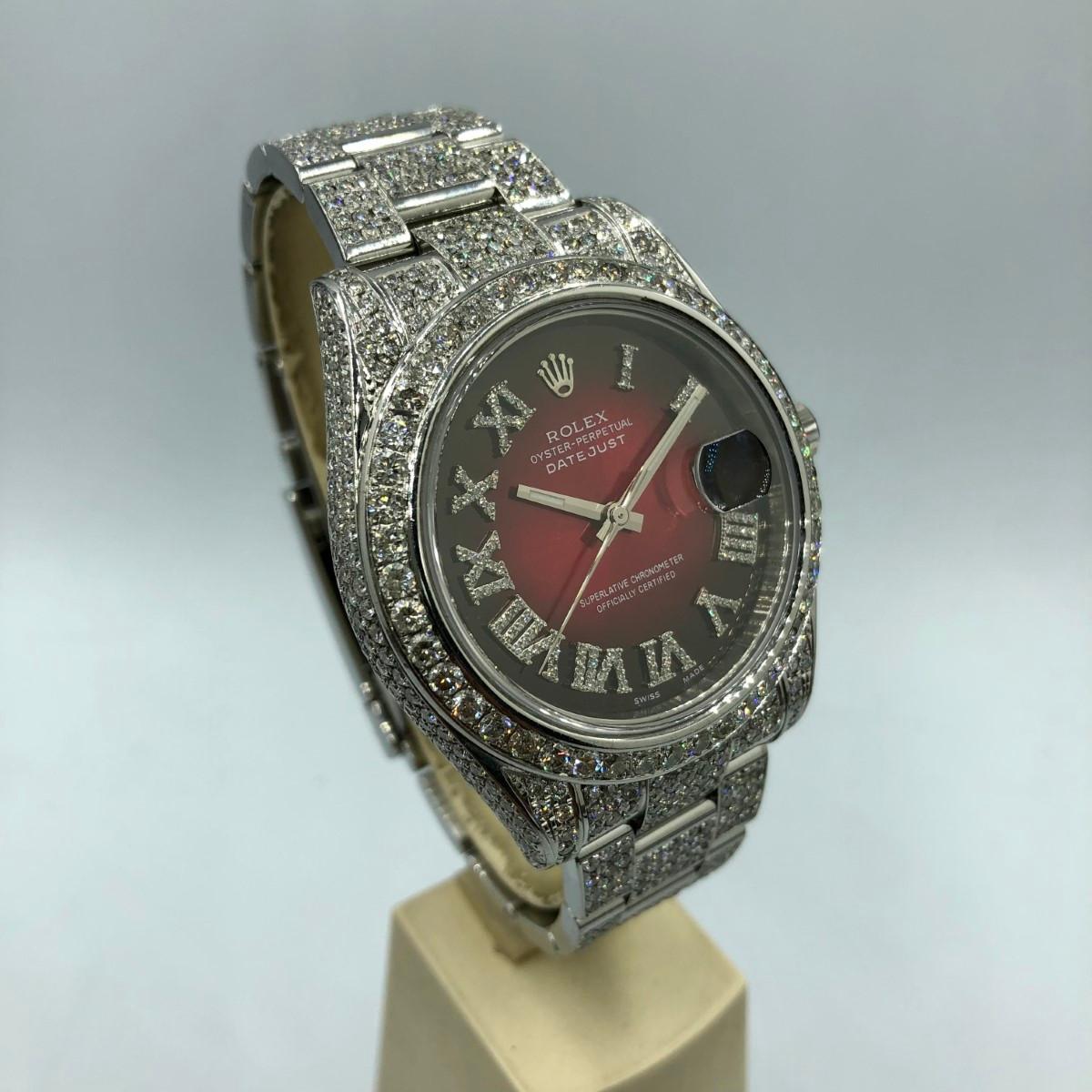 Brilliant Cut Rolex Datejust II 116300 Custom Red Cherry and Diamond Pave Full Set Wristwatch For Sale