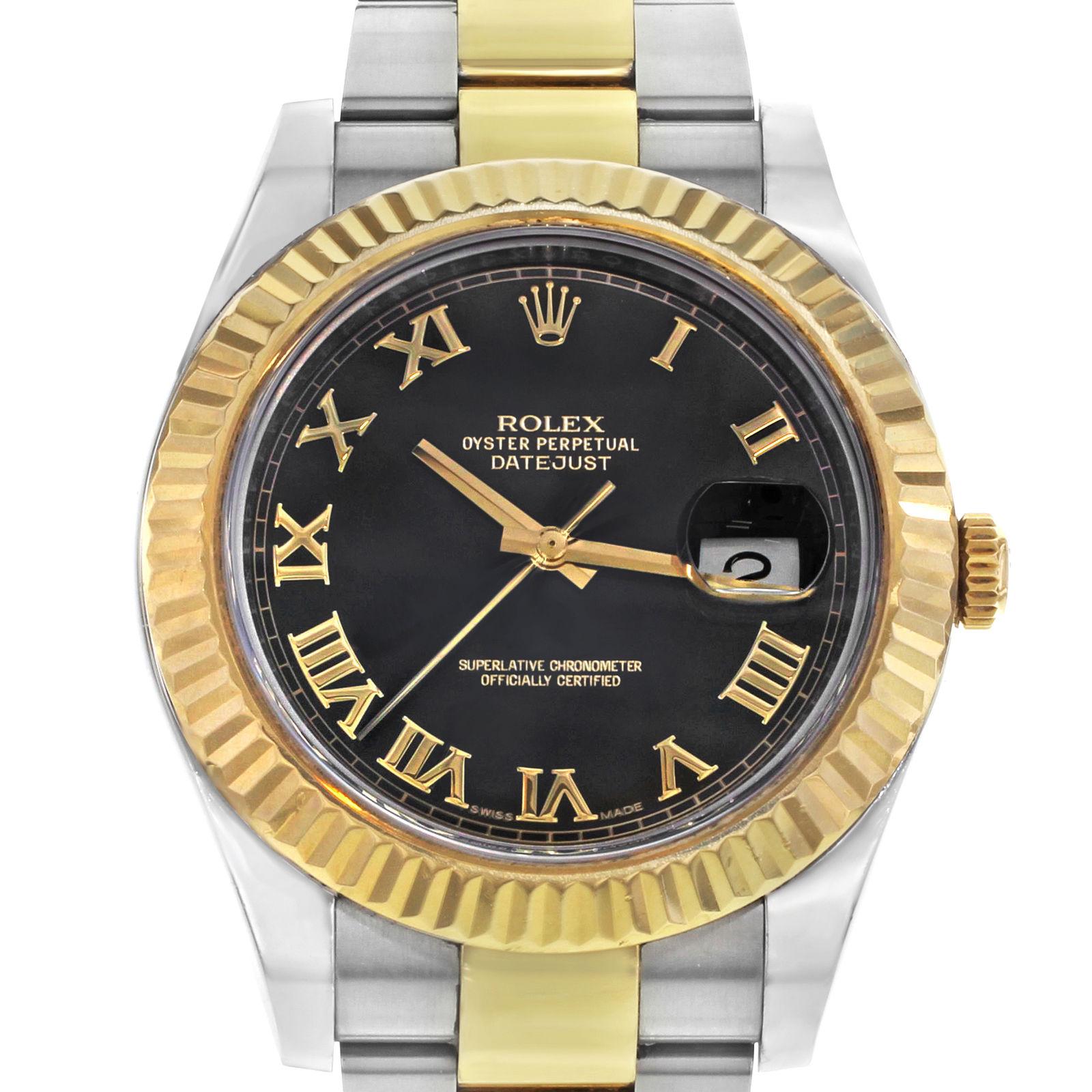 This pre-owned Rolex Datejust II 116333 is a beautiful men's timepiece that is powered by an automatic movement which is cased in a stainless steel case. It has a round shape face, date dial and has hand roman numerals style markers. It is completed