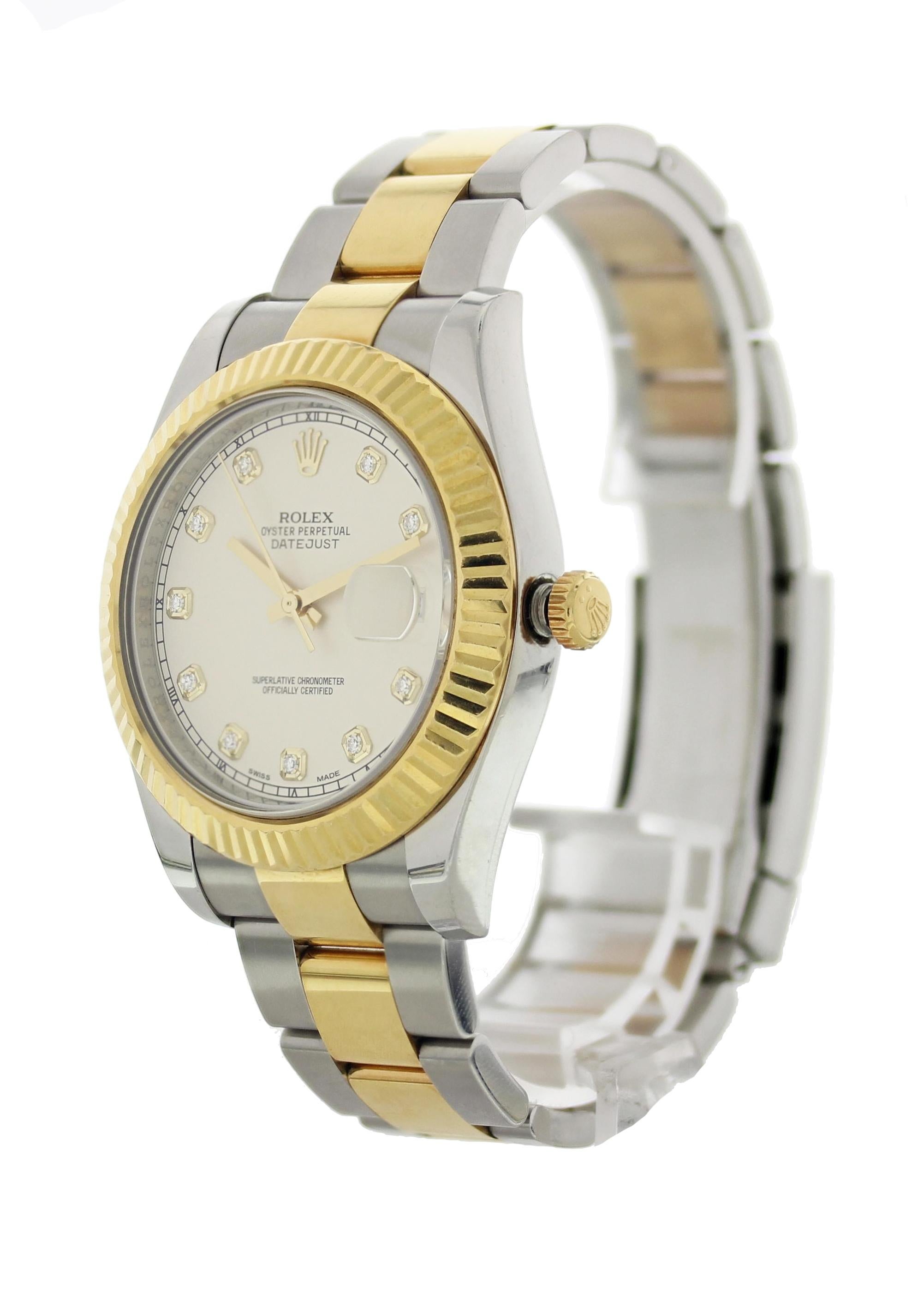 Men's Rolex Oyster Perpetual Datejust II 116333 Mens Watch. 41 mm stainless steel case with an 18k yellow gold fluted bezel. Ivory dial with gold hands and diamond markers. Magnified date display. 18k yellow gold and stainless steel oyster band with