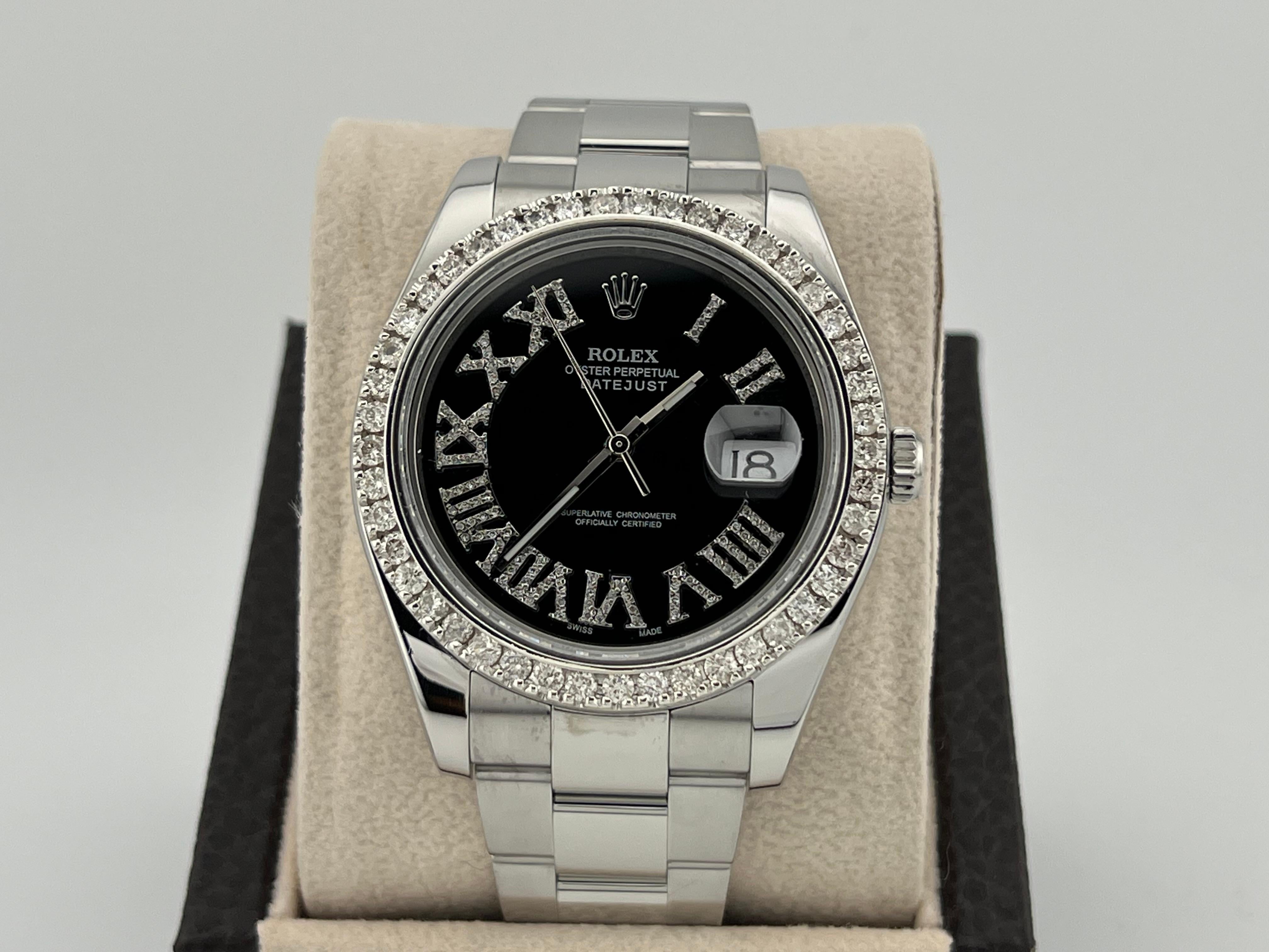 Style Number: 116334



Serial: V774***



Year: 2009

 

Model: Rolex Datejust II

 

Case Material: Stainless Steel 

 

Band: Stainless Steel 

 

Bezel: Custom Diamond Bezel 

 

Dial: Custom Black Dial with Diamond Roman Numeral Hour Markers 

