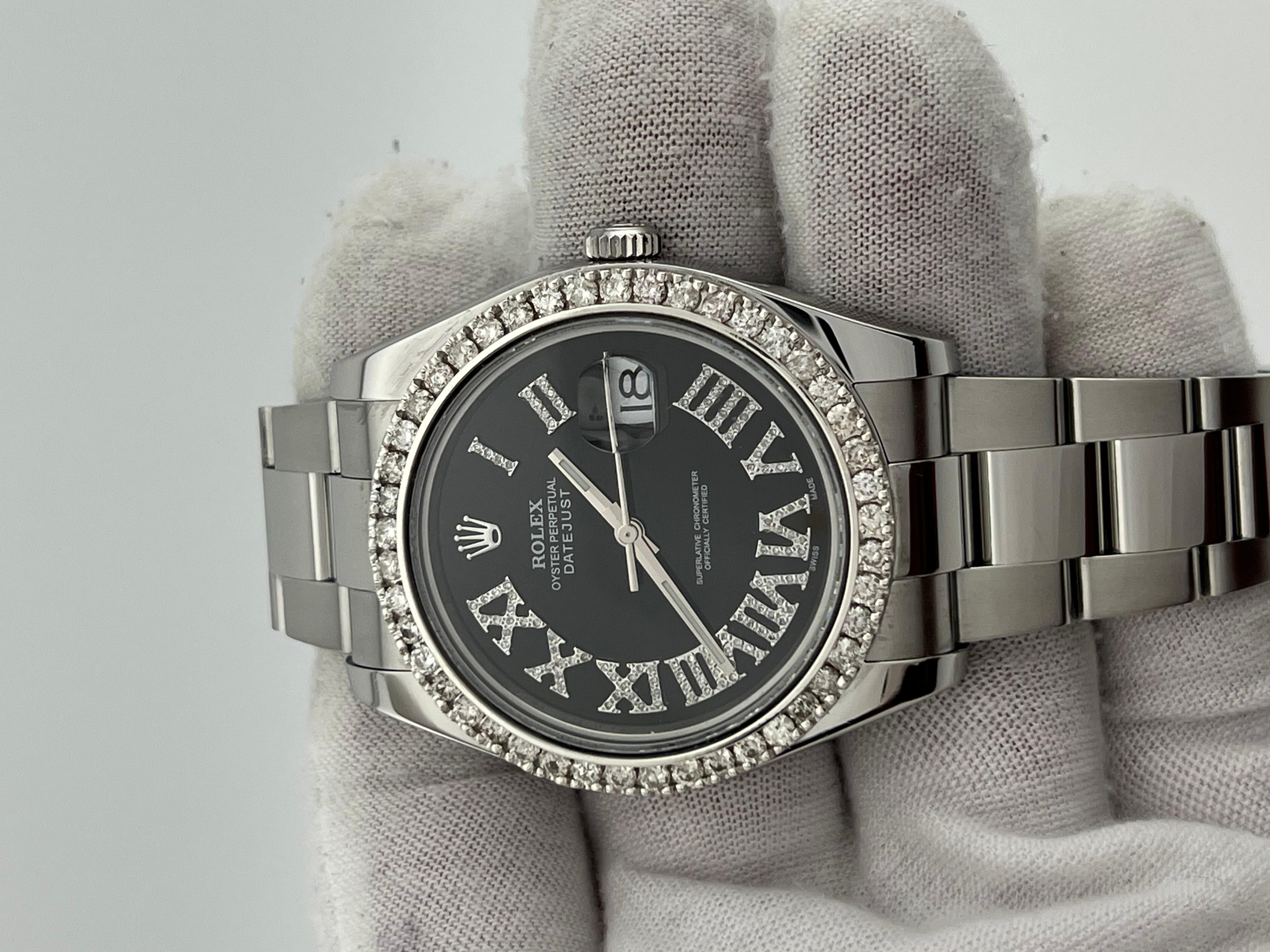 Rolex Datejust II 116334 41mm Black Diamond Roman Numerals Diamond Bezel Steel In Excellent Condition For Sale In San Diego, CA
