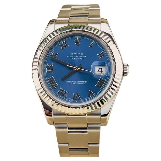 Rolex Datejust II 116334 41mm Blue Roman Dial 18K Gold Steel Box Papers