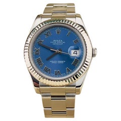 Rolex Datejust II 116334 41mm Blue Roman Dial 18K Gold Steel Box Papers