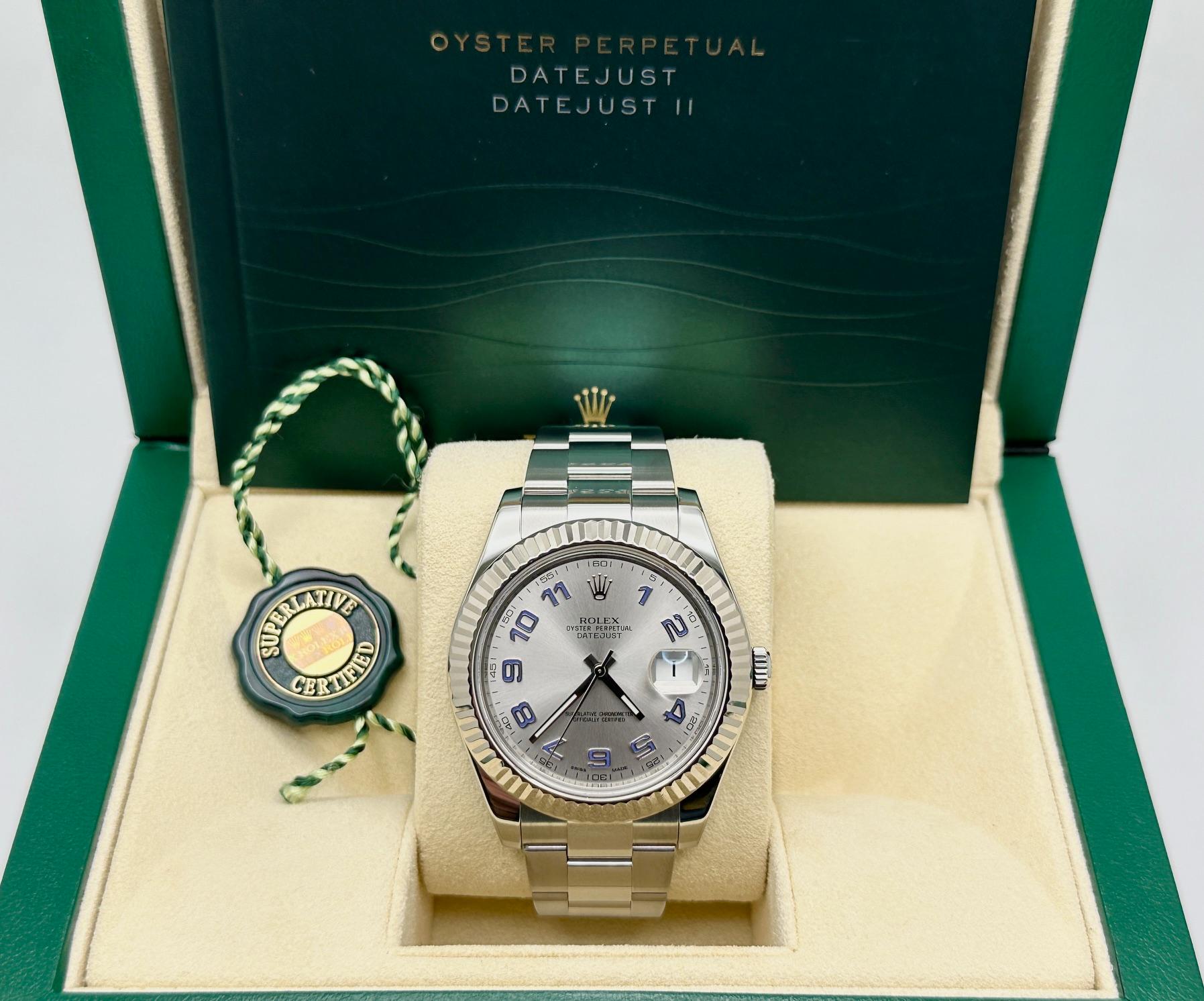 Style Number: 116334



Serial: K34P1***



Year: 2010 - 2016

 

Model: Rolex Datejust II

 

Case Material: Stainless Steel

 

Band: Stainless Steel

   

Bezel: 18K White Gold Fluted

  

Dial: Silver Arabic Dial

 

Crystal: Sapphire Crystal

