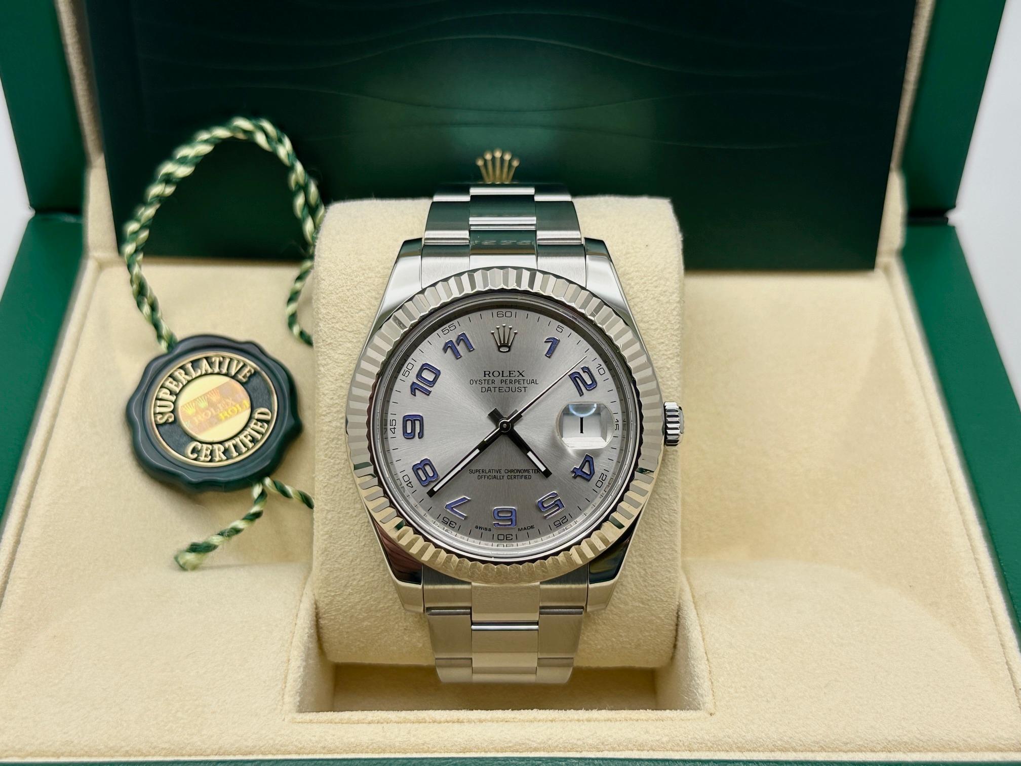 Rolex Datejust II 116334 41mm Silver Arabic Dial Steel 18K White Gold Bezel In Excellent Condition For Sale In San Diego, CA