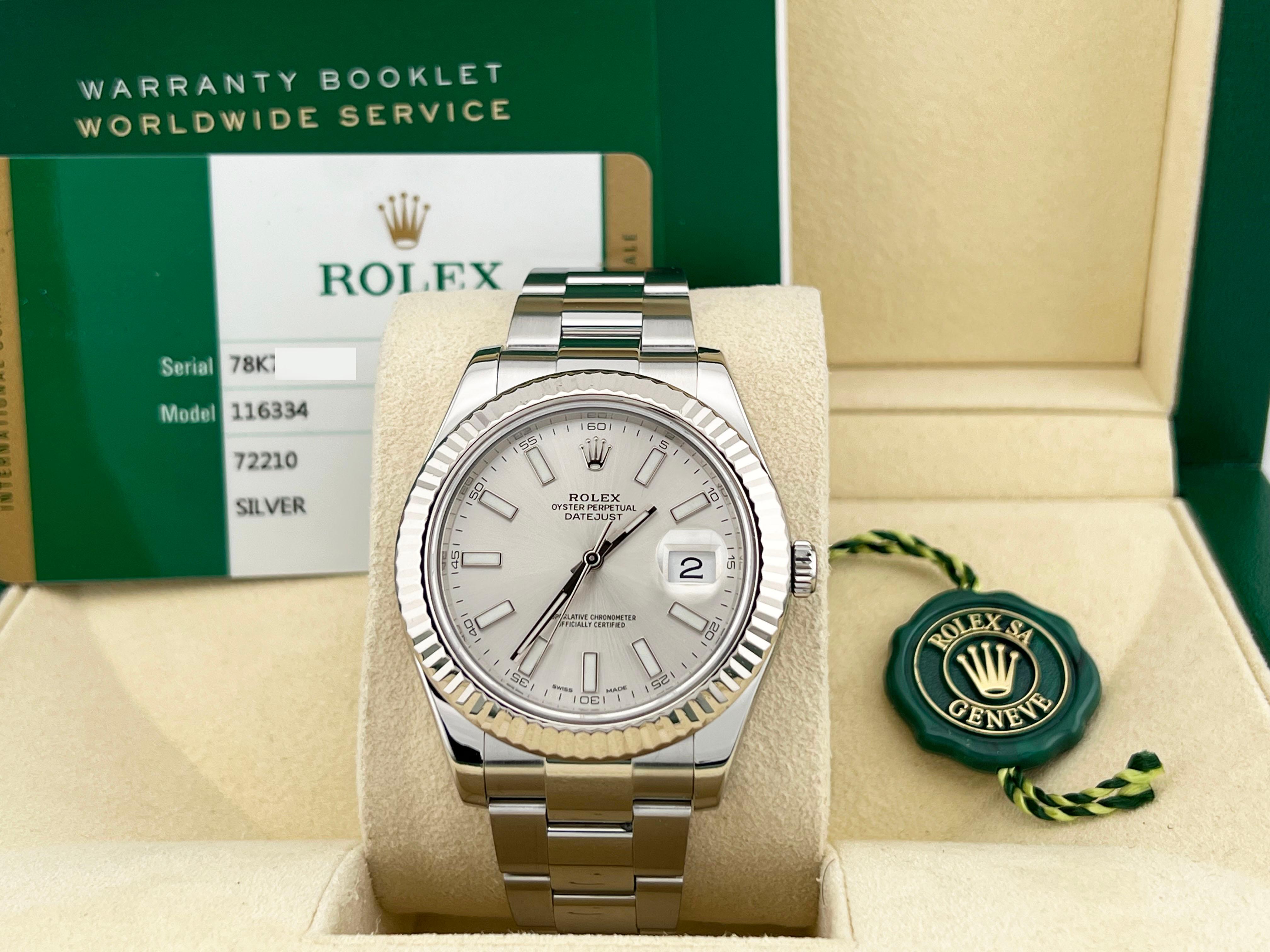 Style Number: 116334

Serial: 78K78***

Year: 2016

Model: Rolex Datejust II

Case Material: Stainless Steel 

Band: Stainless Steel 

Bezel: 18K White Gold Fluted Bezel 

Dial: Silver

Face: Sapphire Crystal 

Case Size: 41mm 

Includes:

-Rolex