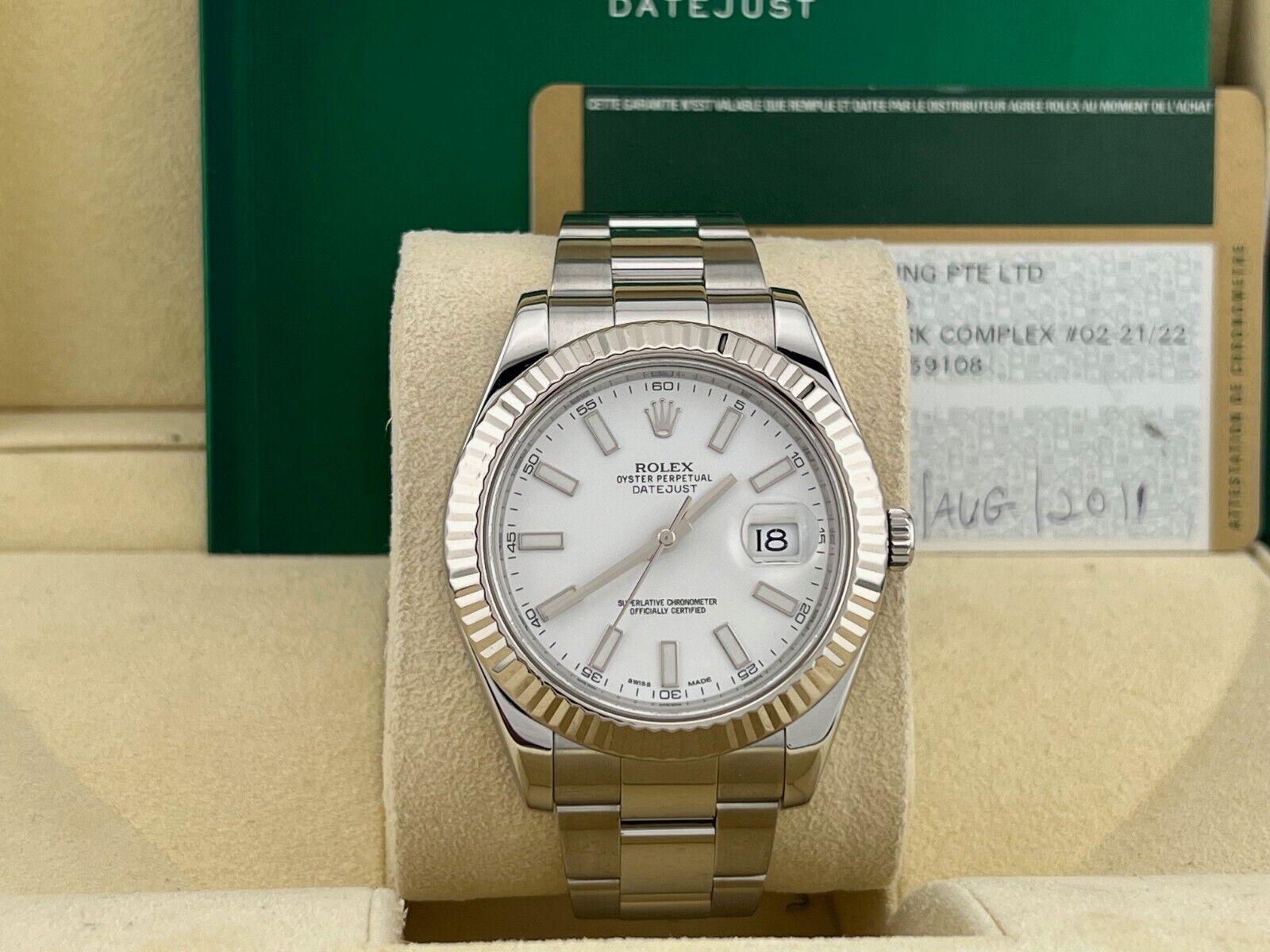 Style Number: 116334

Serial: G313***

Year: 2011

Model: Rolex Datejust II

Case Material: Stainless Steel 

Band: Stainless Steel 

Bezel: 18K White Gold Fluted Bezel 

Dial: White Dial

Face: Sapphire Crystal 

Case Size: 41mm 

Includes:

-Rolex