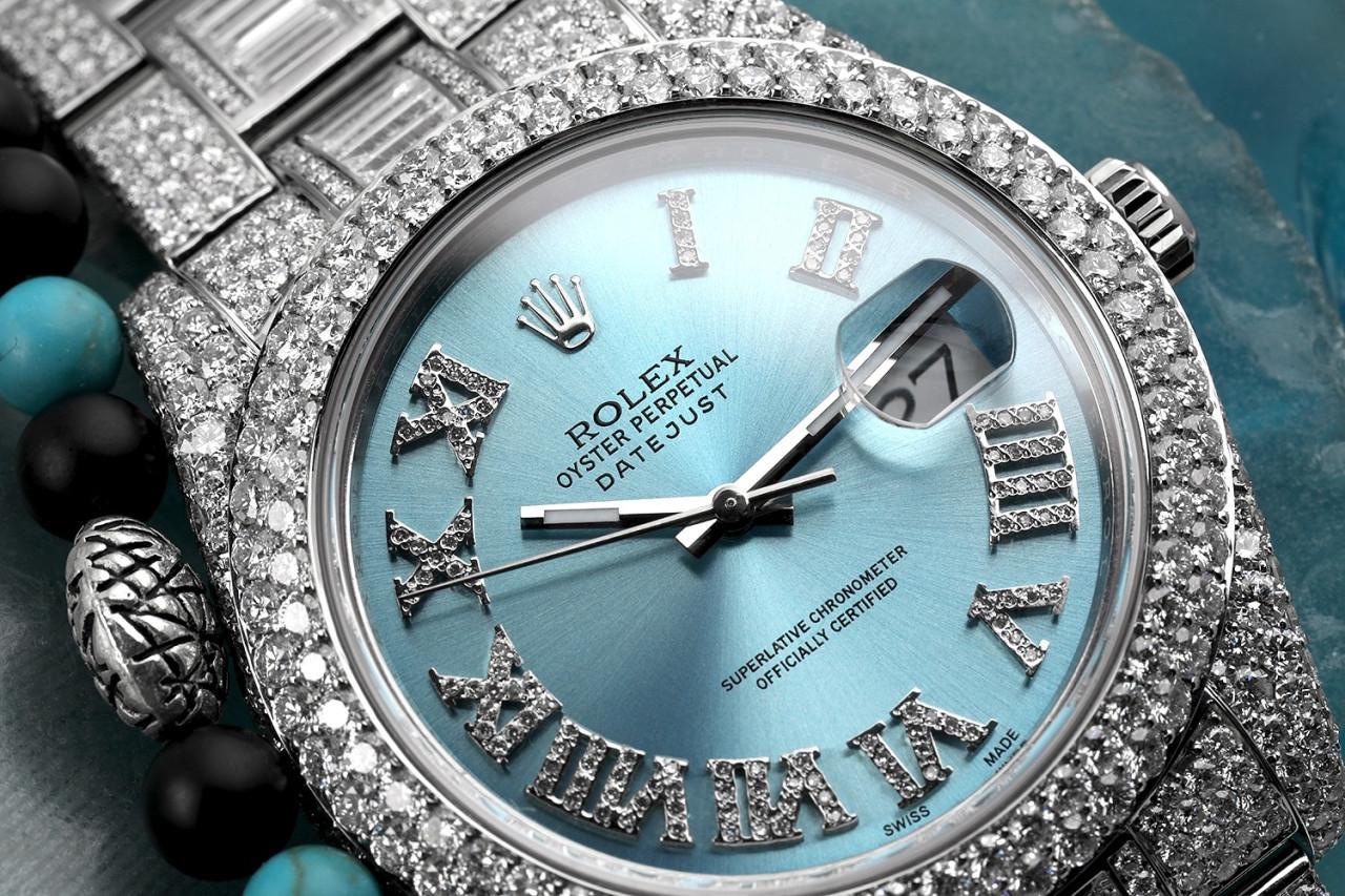 Rolex Datejust II Blue Roman Diamond Dial Stainless Steel Custom Diamond Watch with Baguettes on the Bracelet 116334 
